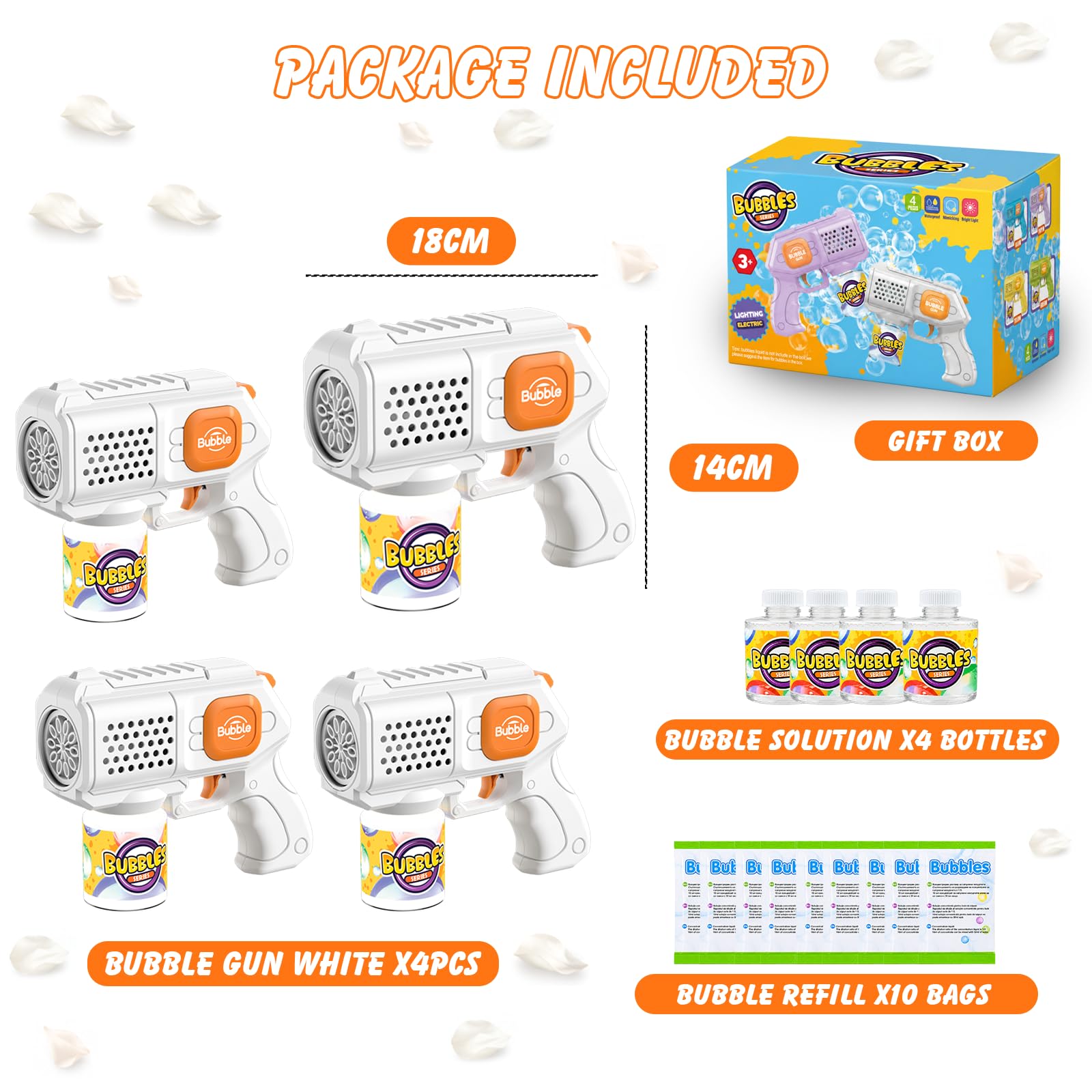 Pistola de burbujas para niños, 4 unidades, 10000 burbujas automáticas, con luz/10 agujeros/solución(4 frascos+10 recargas) para fiestas al aire libre regalo, color blanco