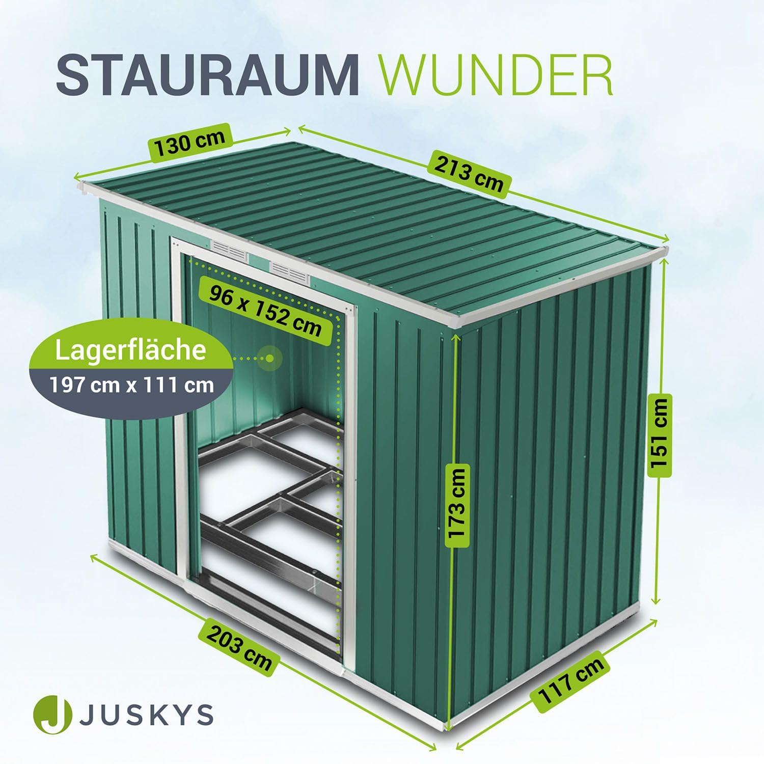 Juskys Domek narzędziowy M metalowy 4 m³ z jednospadowym dachem, drzwiami przesuwnymi i fundamentem - 213 × 130 × 173 cm - zielony - szopa na narzędzia ze stali