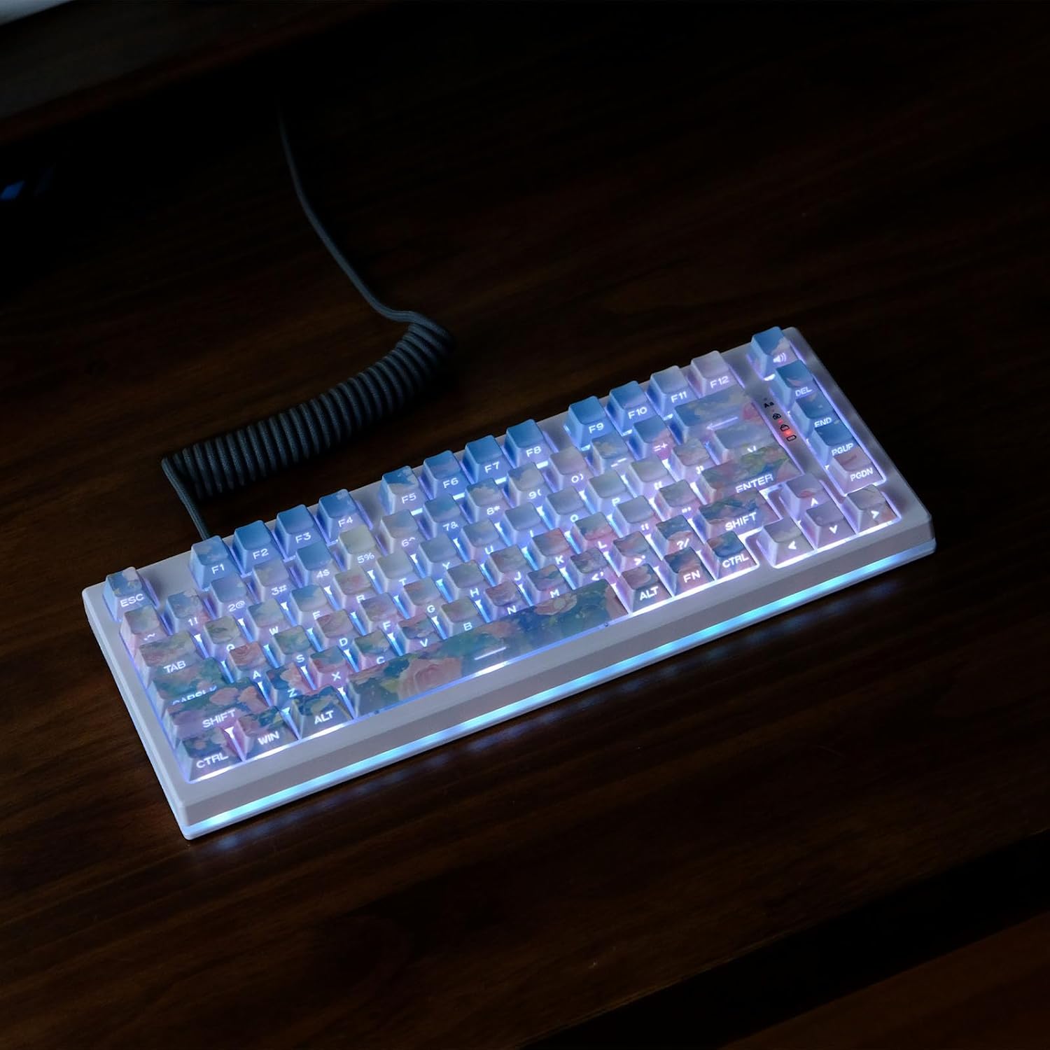 Rose Theme Side Print Shine Through PBT Keycap, Orange & Blue & Pink Custom Cherry Keycap for Mechanical Gaming Keyboard, 131 Keys, Dye Sublimation, MX Structure