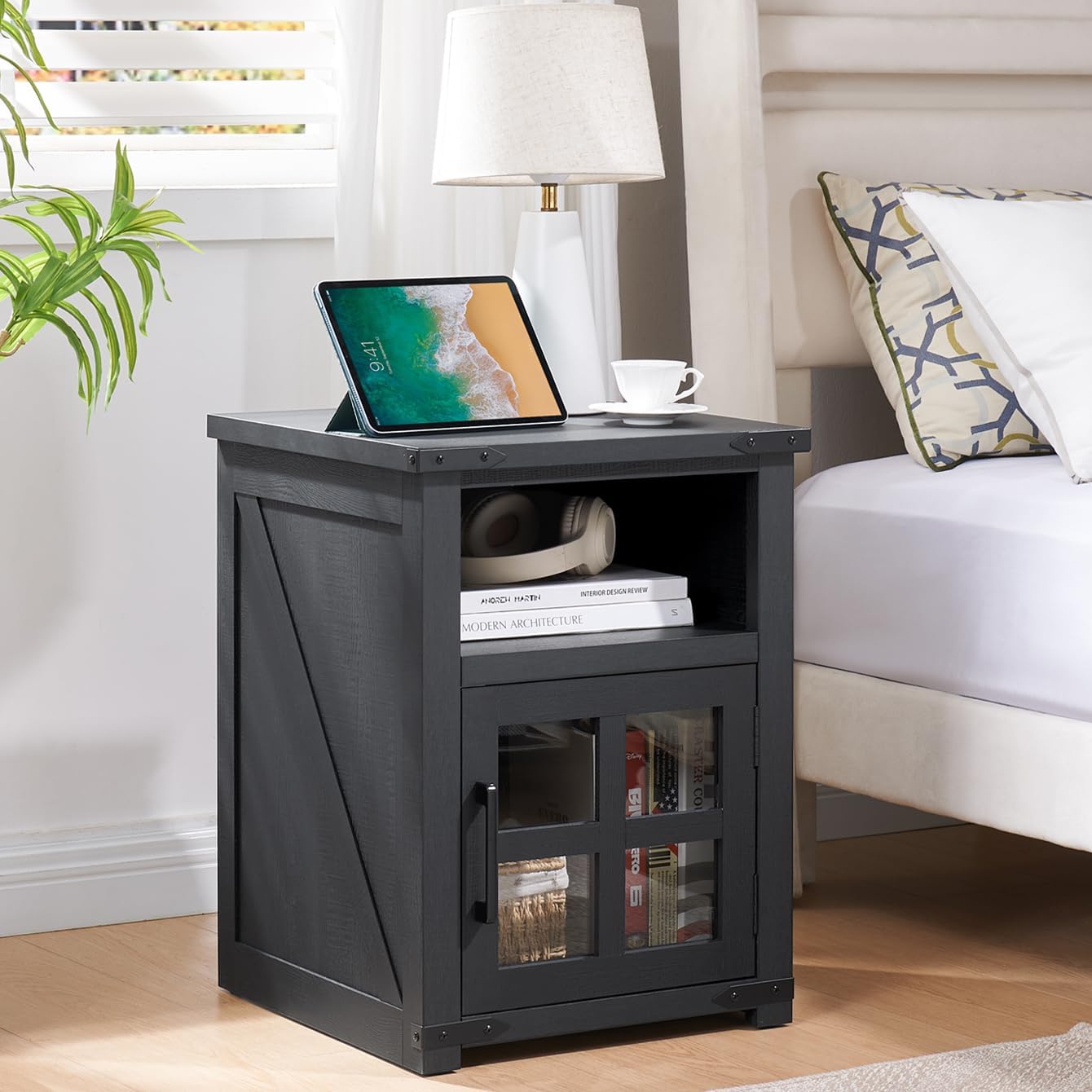 farmhouse nightstand with charging station, rustic end table with tempered glass barn door, wood sofa side bedside table with open storage shelf for living room, bedroom (black)