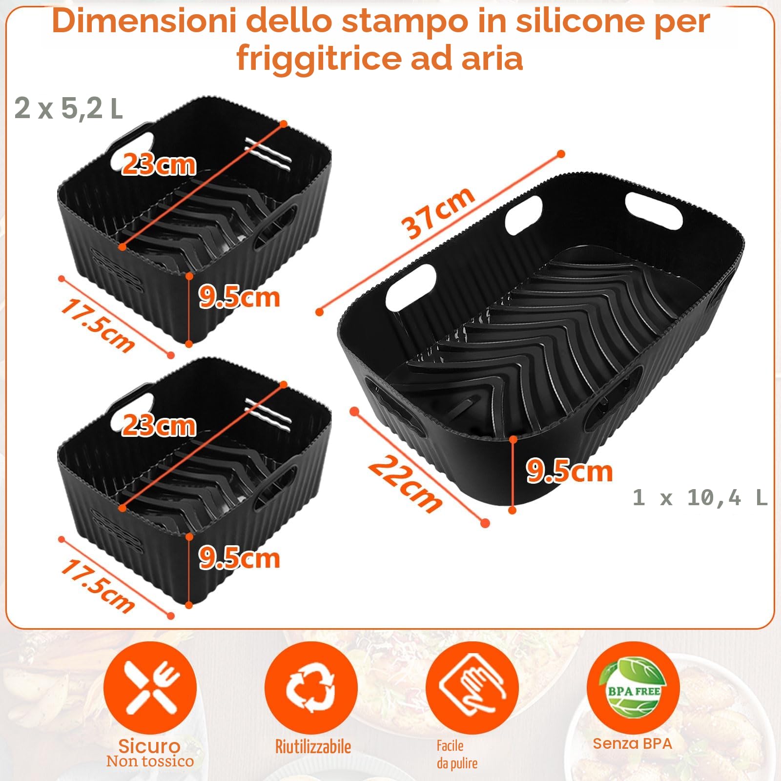 3PCS Accessori Friggitrice ad Aria in Silicone, Rettangolare Teglie Cestino Friggitrice ad Aria per Ninja AF500EU, COSORI 10L, Riutilizzabile Contenitori per Friggitrice (1 * 10,4 l+2 * 5,2 l)