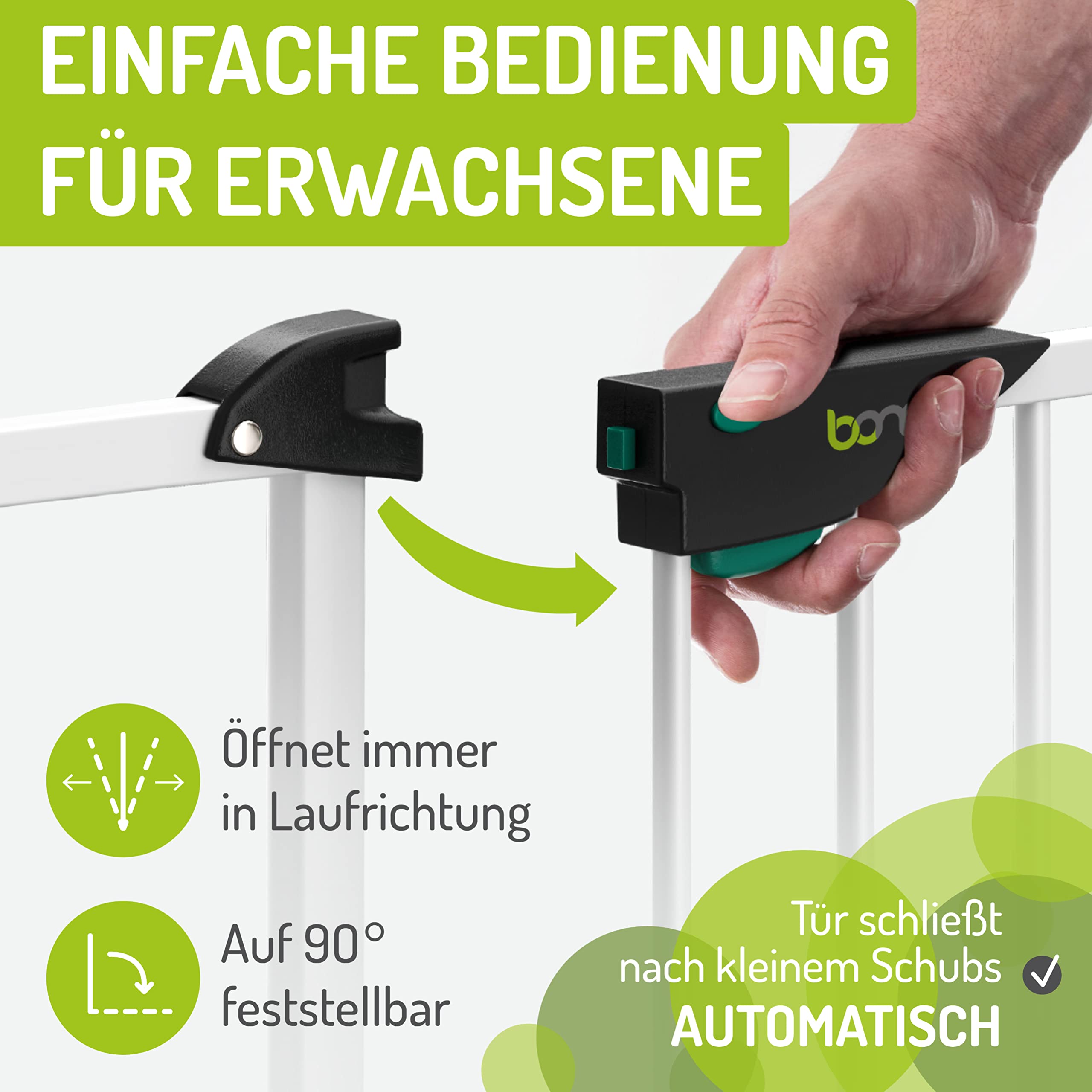 BOMI Schutzgitter Mira XXL Tür | Zum Klemmen | Schließt automatisch | Türschutzgitter schmal weiß Metall Selbstschließend | Treppenschutzgitter Türgitter Klemmgitter für Baby Welpe | Breite: 83-91 cm