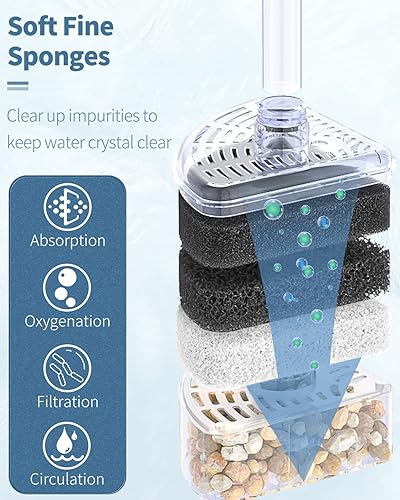 Miniatura 2 de Pawfly Filtro de esponja de esquina para acuario, filtro silencioso de espuma biológica de peces pequeños con piedras naturales, gravas y anillos de