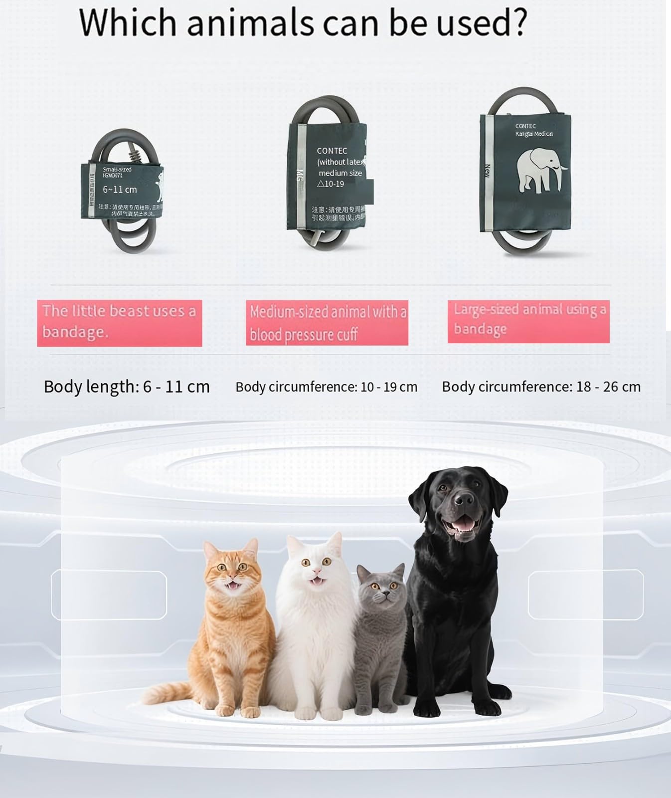 Máquina BP para Uso Animal, Digital Veterinario Medidor Tension Arteria, Medidor Tension Arterial con 3 Puños,100 Juegos De Memoria Almacenada para Perros Gatos Mascot,Tensiometro De Brazo