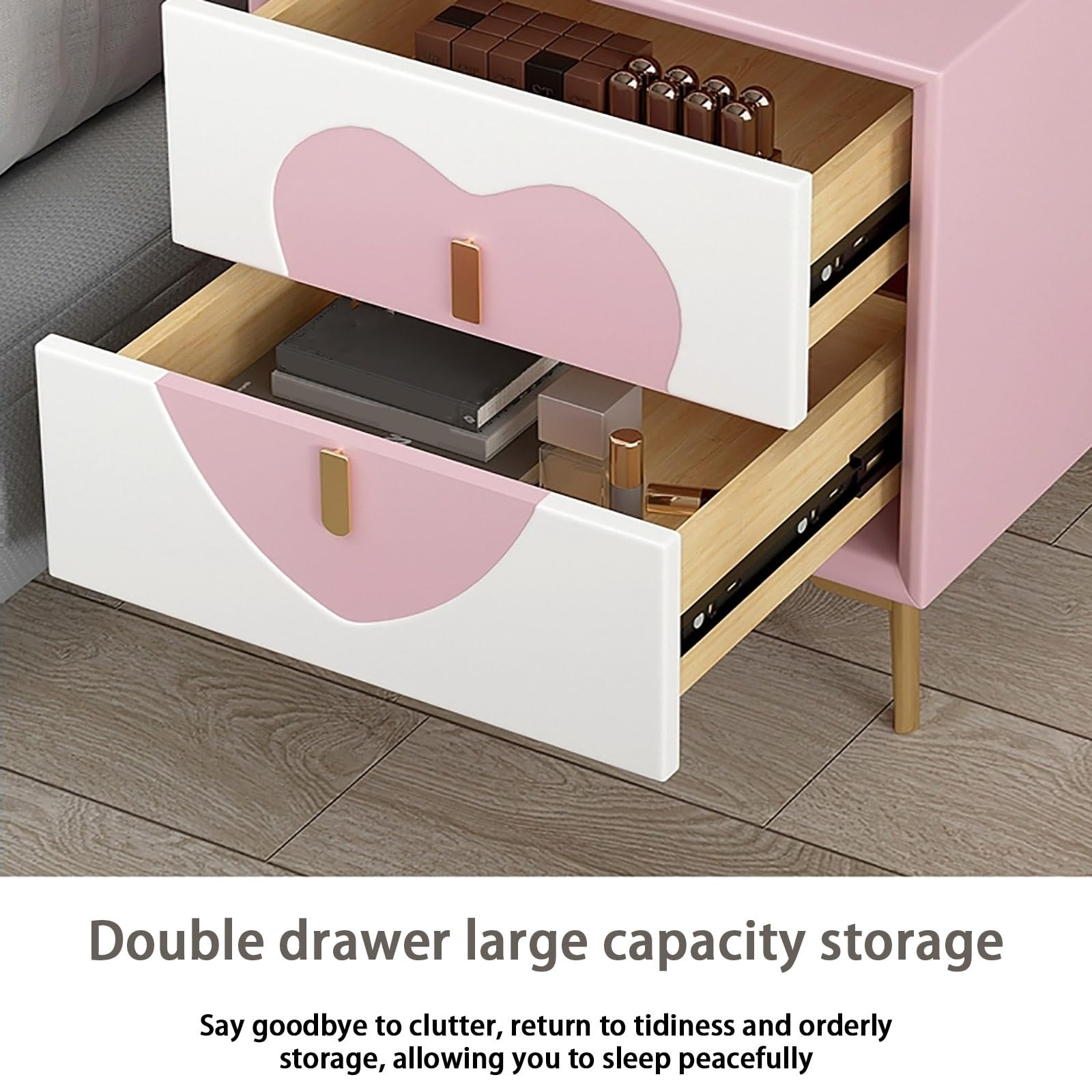 Mesita de noche de madera maciza con doble cajón y parte superior forrada de cuero, patas de metal modernas, mesita de noche resistente para dormitorio, sala de estar, organización y decoración de