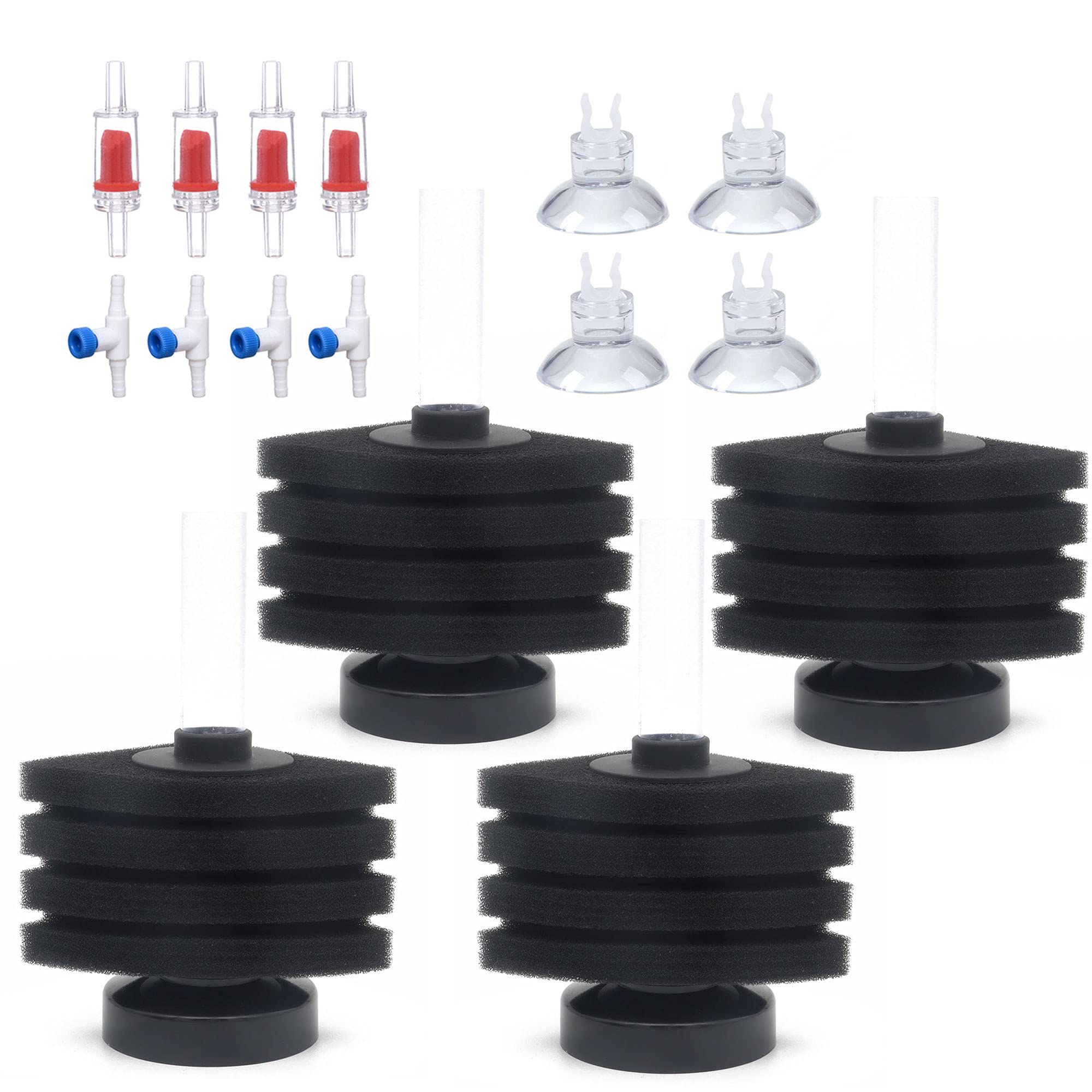 ALEGI 4pcs Small Aquarium Bio Sponge Filter with Suction Cups, Check Valves for 5 Gal, 10 Gal, 20 Gal Breeding Fry Betta Shrimp Fish Tank (Up to 10