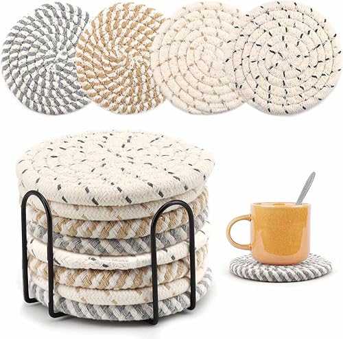 MeltsetM - Juego de posavasos tejidos absorbentes para bebidas, con soporte, bonitos posavasos de tela para mesa de café, escritorio de oficina,