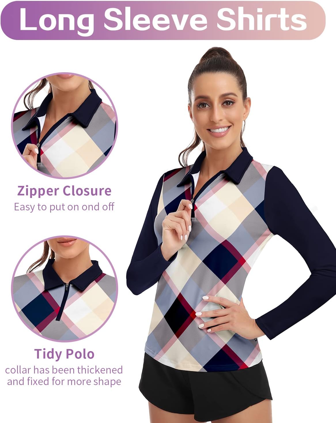 Soneven Womens Long Sleeve Polos 1/4 Zip Moisture Wicking Collared Golf Shirt Slim Fit for Casual Work - Image 3