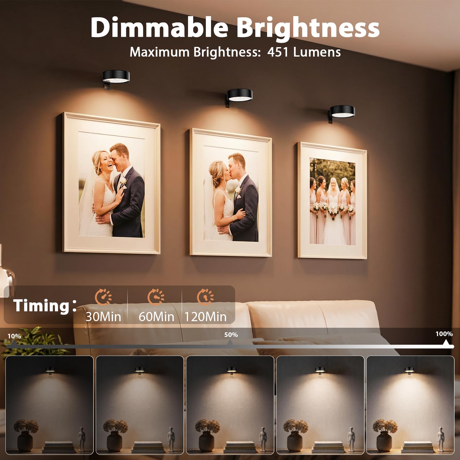 Aplique Luz para Cuadros sin Cable, 13 RGB Luces LED Magnéticas Inalámbricas Recargables, 3PCS, 451LM, Doble Control Remoto/Modo Pulsador, Lámpara de Pared para Cuadros y Pinturas (Negro)