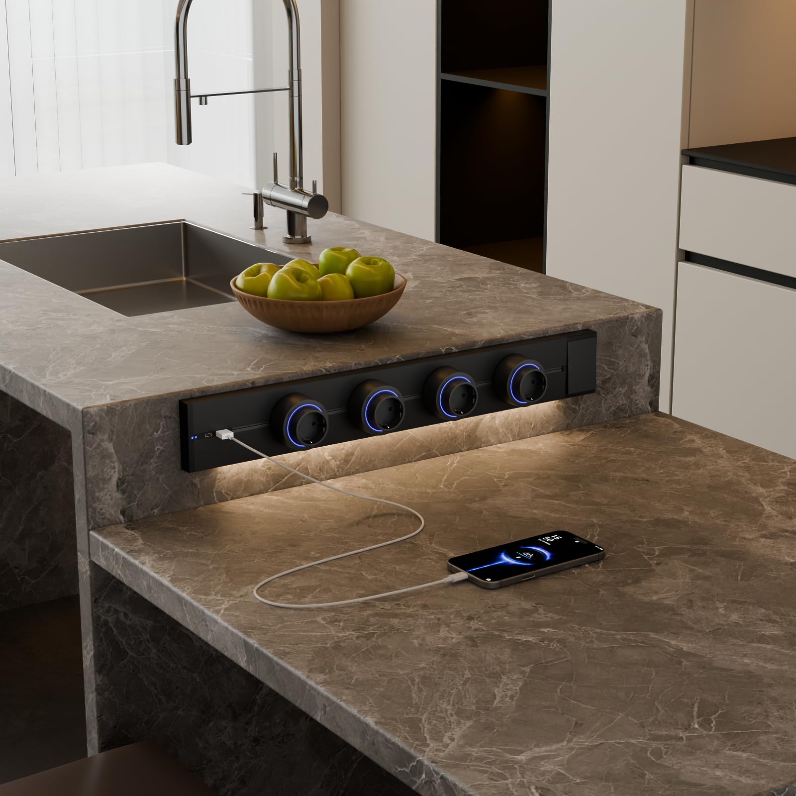 CNBINGO Steckdosenleiste Wandmontage,Stromschiene mit USB Ports Schwarz | Steckdosenschiene mit Schalter,Mehrfachsteckdose mit 4 Steckdosen Adaptern,Aufputz Steckdose für Küche, Büro, Werkstatt
