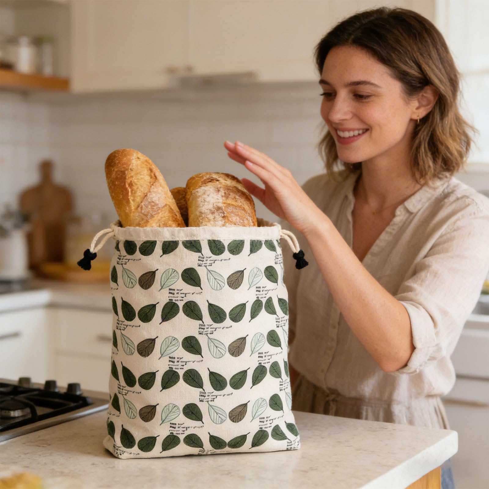 2 bolsas de pan reciclables con sello de tres capas, plan de agujas decorativas, sustancia de algodón lavable, opción sostenible para amas de casa, bolsas estrechas