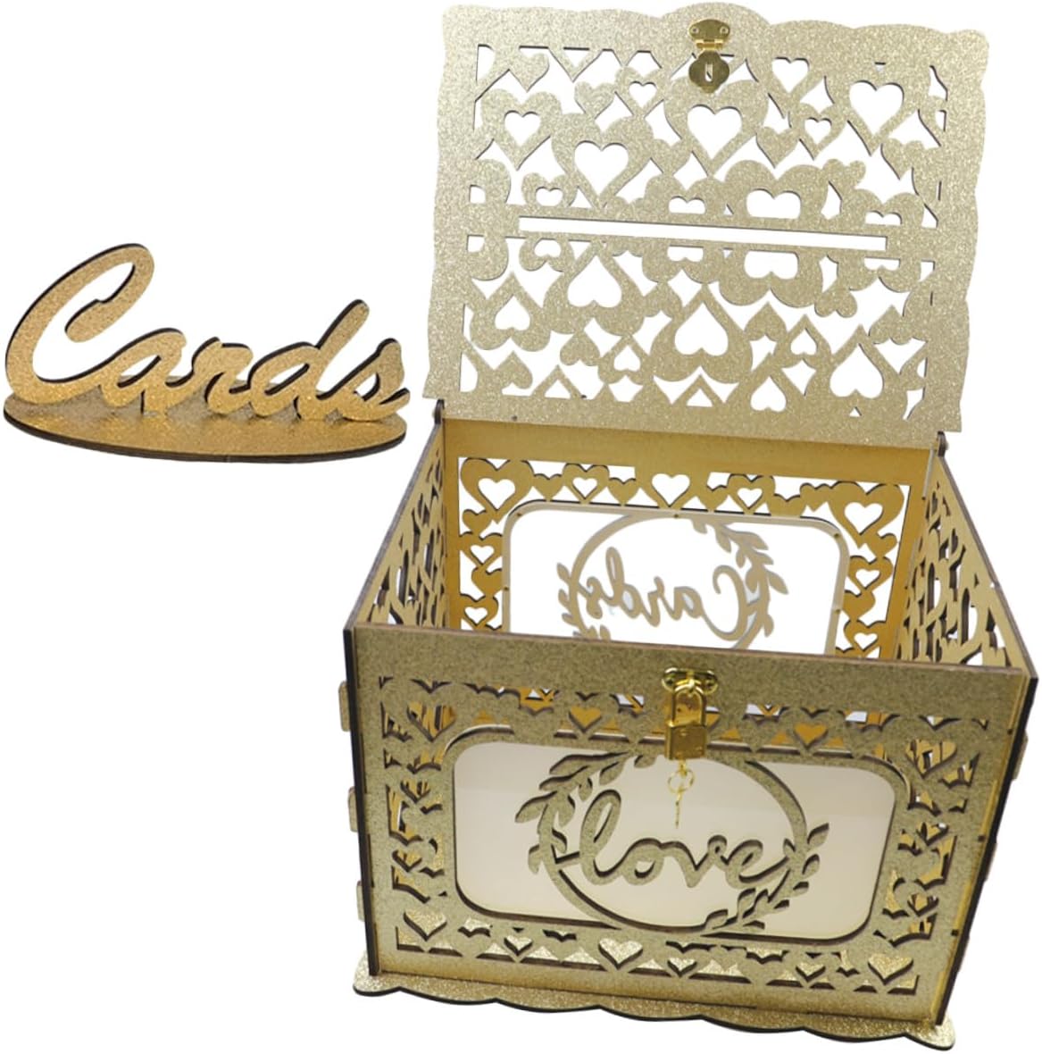 Wood Card Box with Hollow Design Wooden Storage Box for Wedding Greeting Cards Square Wood Envelope Holder for Birthday and Valentine’s Day Decor