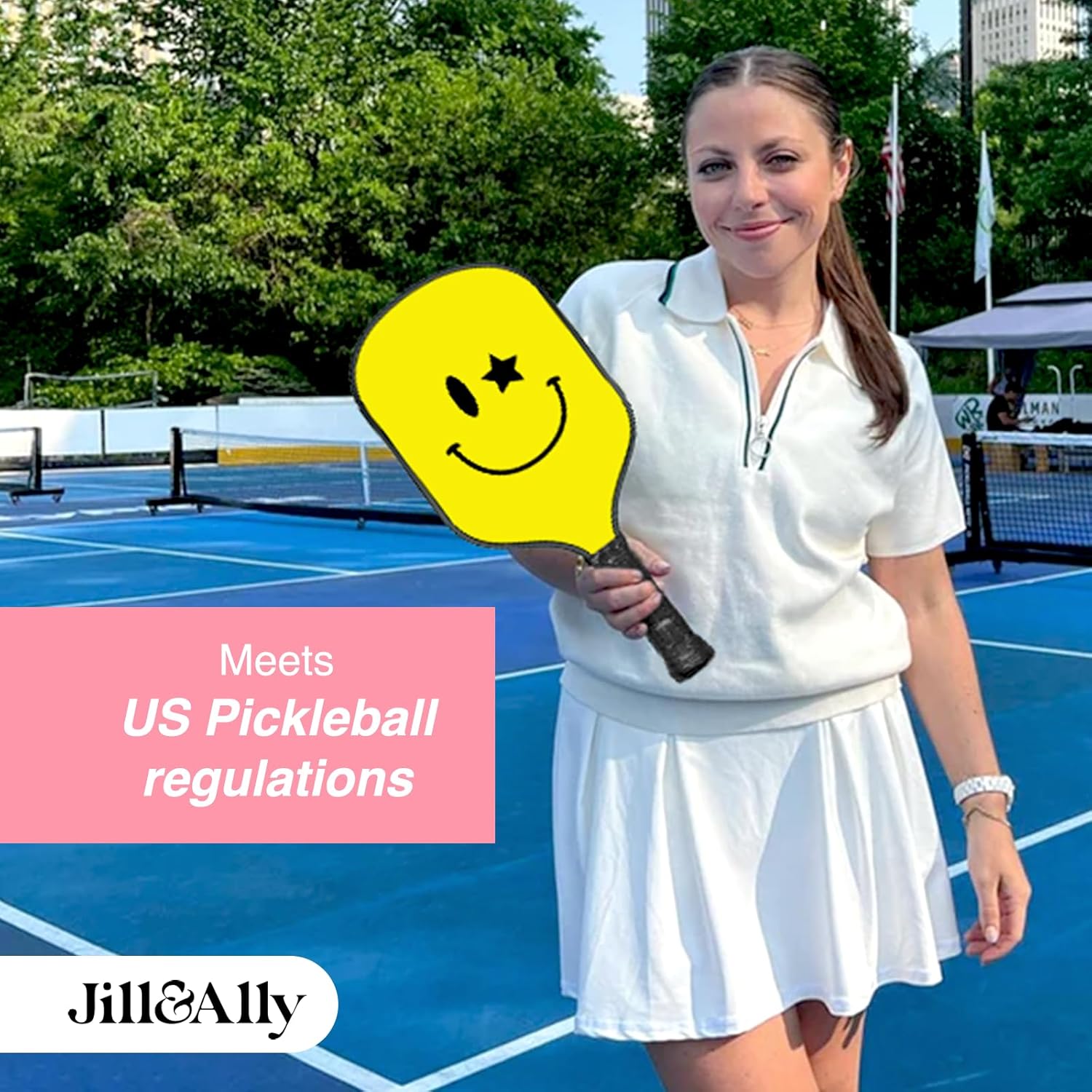 Jill & Ally Smiley Face Pickleball Paddle, Carbon Fiber Materials, 16.5” x 7.5", Extra Long Handle, Vegan Leather PU Grip, Unique Edge Guard All Skill Levels
