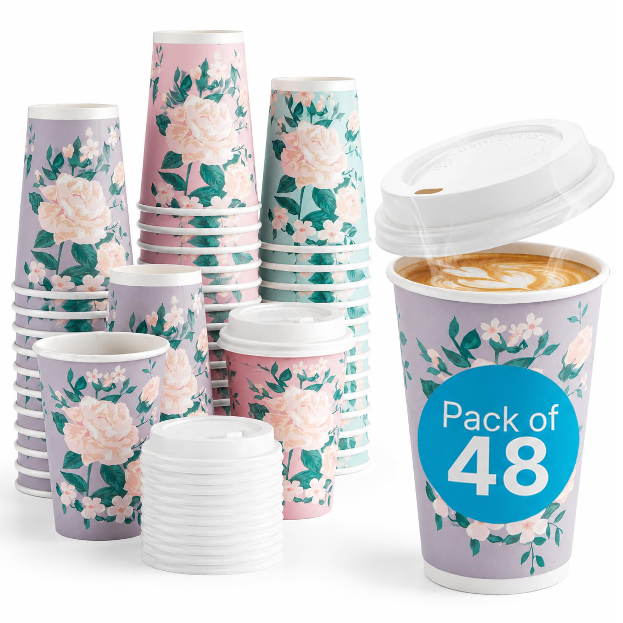 Lot de 48 gobelets à café isothermes en papier avec couvercles, 4 designs, 473 ml