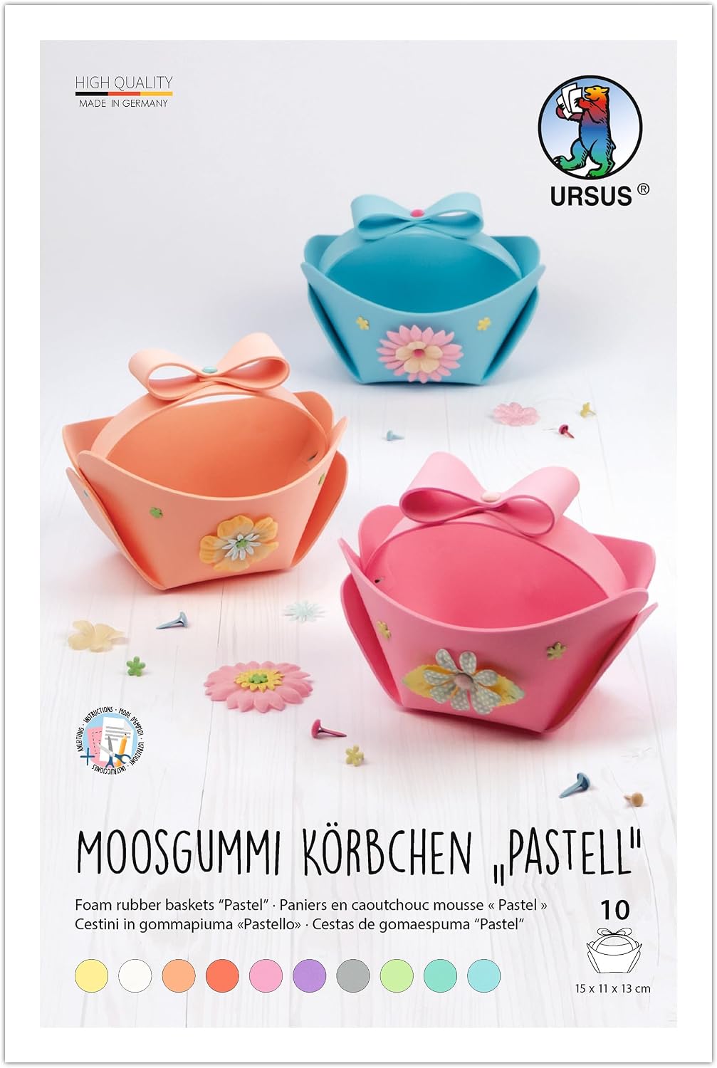 Ursus 519 00 99 Foam Rubber Basket Pastel 10 Sheets 20 x 30 cm in 10 Colours Including Flower Kit, Fancy Brads and Stencil, DIY Craft Set for Designing 10 Easter Baskets