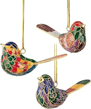 Value Arts Handmade 3 Piece Set Cloisonne Yellow Singing Bird Hanging Ornament