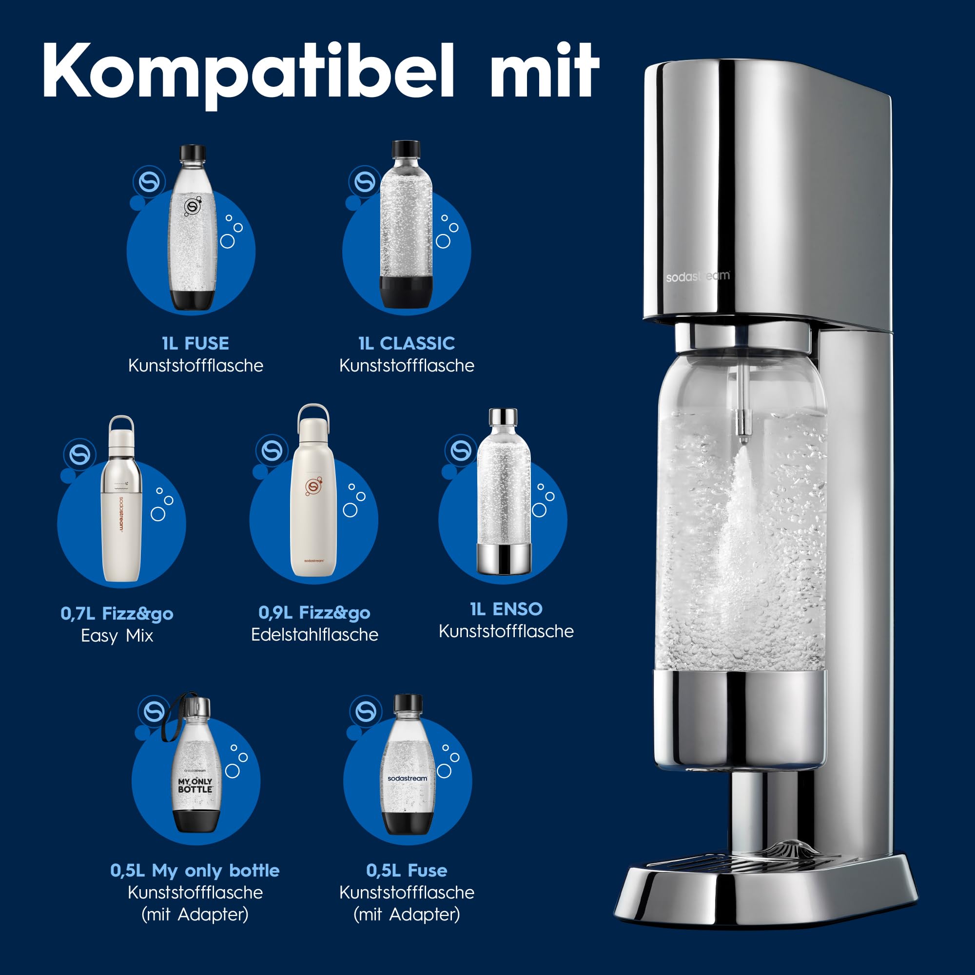 Sodastream ENSO Wassersprudler, Edelstahl Wassersprudler mit Quick Connect CO2-System, inkl. 1 CO2-Zylinder für bis zu 60L Sprudelwasser und 1 ENSO Sprudlerflasche, Sprudelwasser Maschine, Silber
