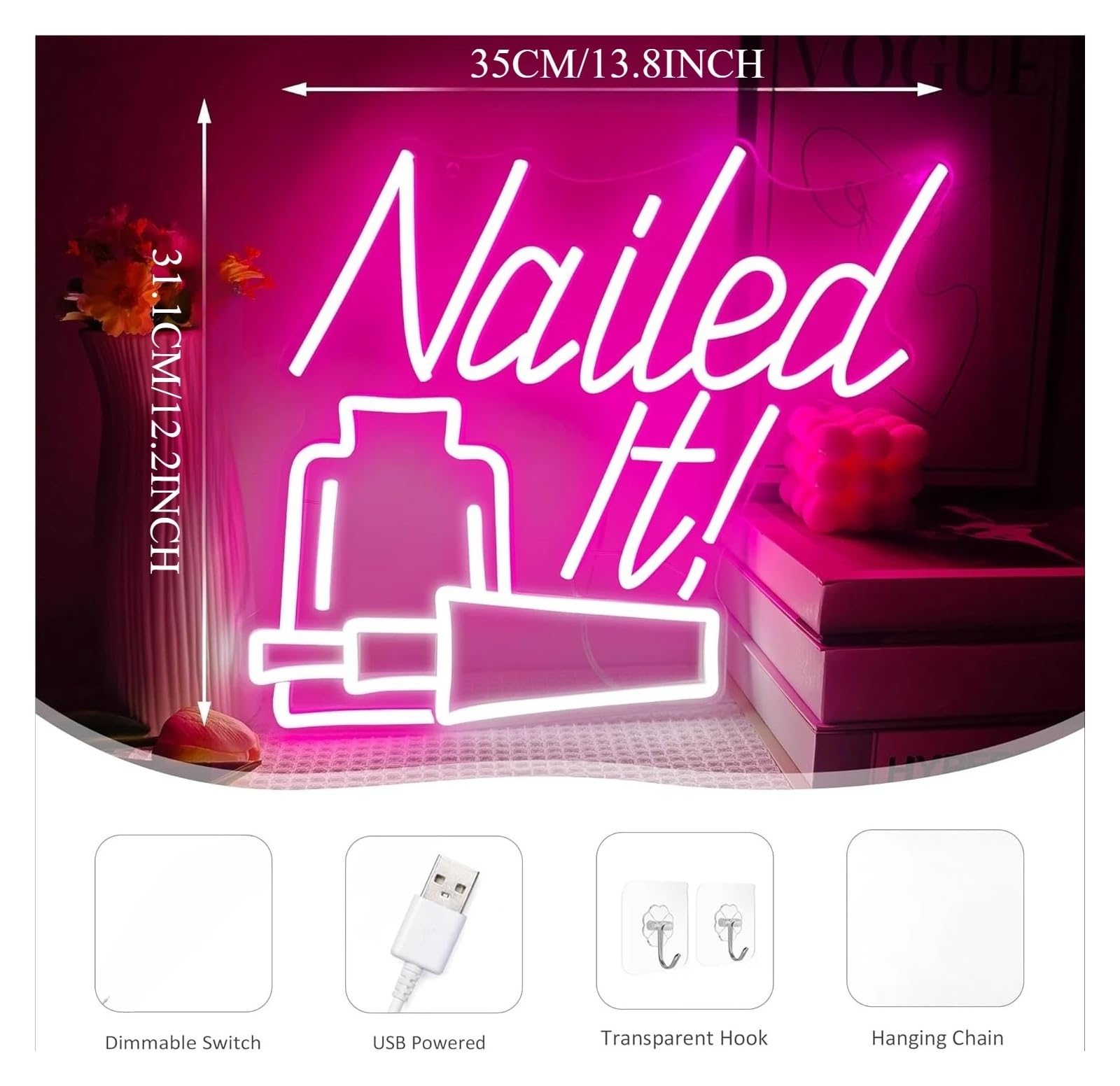Wiszące neony artystyczne "Nailed It!"Neon LED Light USB Do Salonu Piękności Salon Paznokci Bar Party Gaming Room Dekoracje Sypialni 35X31.1cm