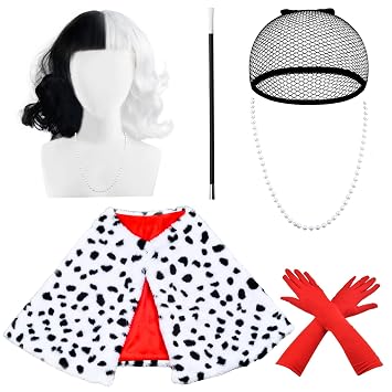 6 PCS Black and White Costume Set for Women | Dalmatian Shawl Scarf, Black and White Wig, Red Gloves, Wig Cap, Costume Stick