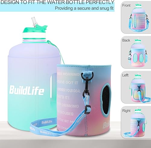 Miniatura 4 de BuildLife Botella de agua motivacional de galón de boca ancha con popote y tiempo marcado para beber más diariamente, sin BPA, reutilizable,