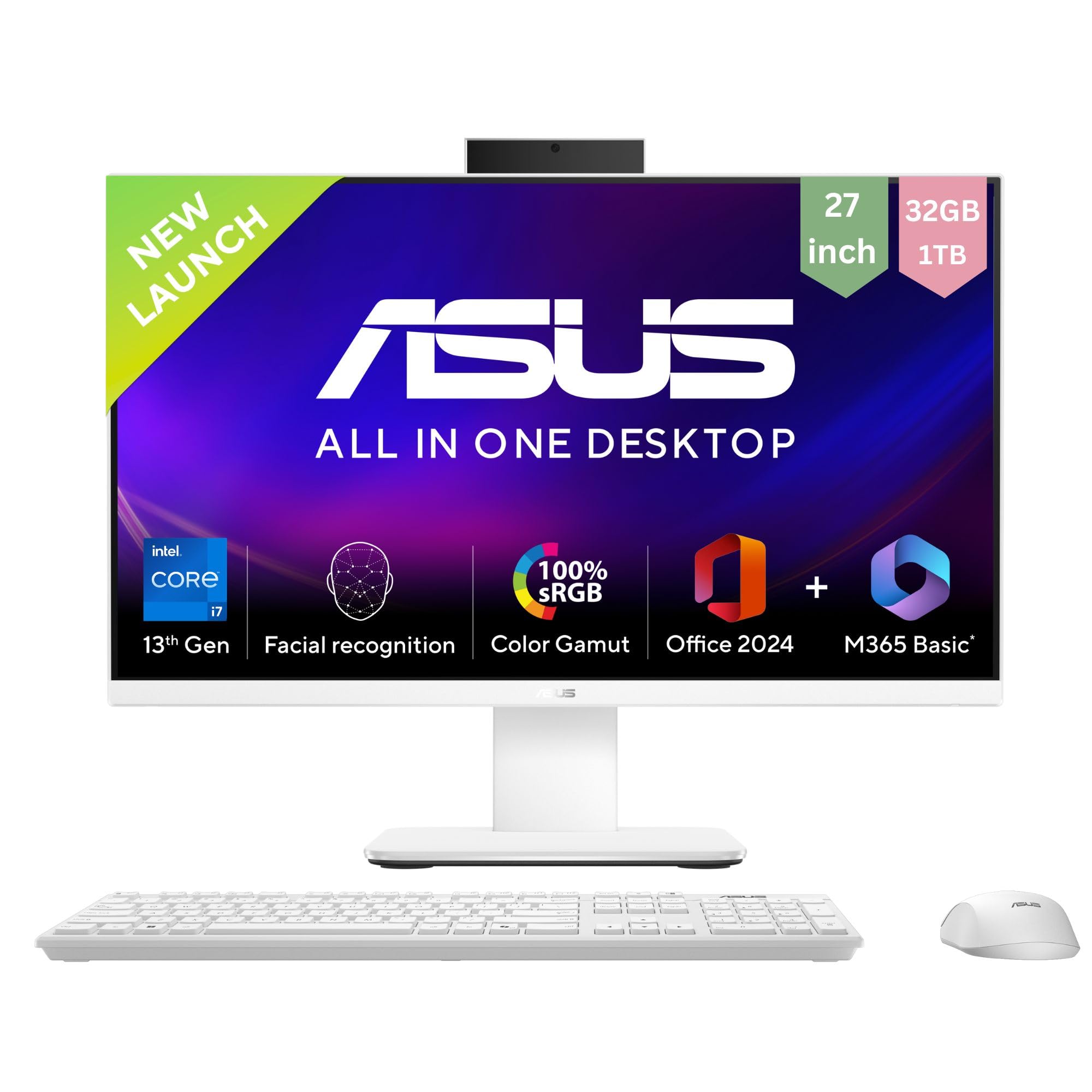 ASUS V470 13th Gen,Intel Core i7-13620H,27" FHD,100Hz, All in One PC(32GB RAM/1TB SSD/Windows 11/Office 24/Retractable Camera/with Wireless Keyboard & Mouse/M365 Basic (1Year)*) g V470VA-KWPE023WS