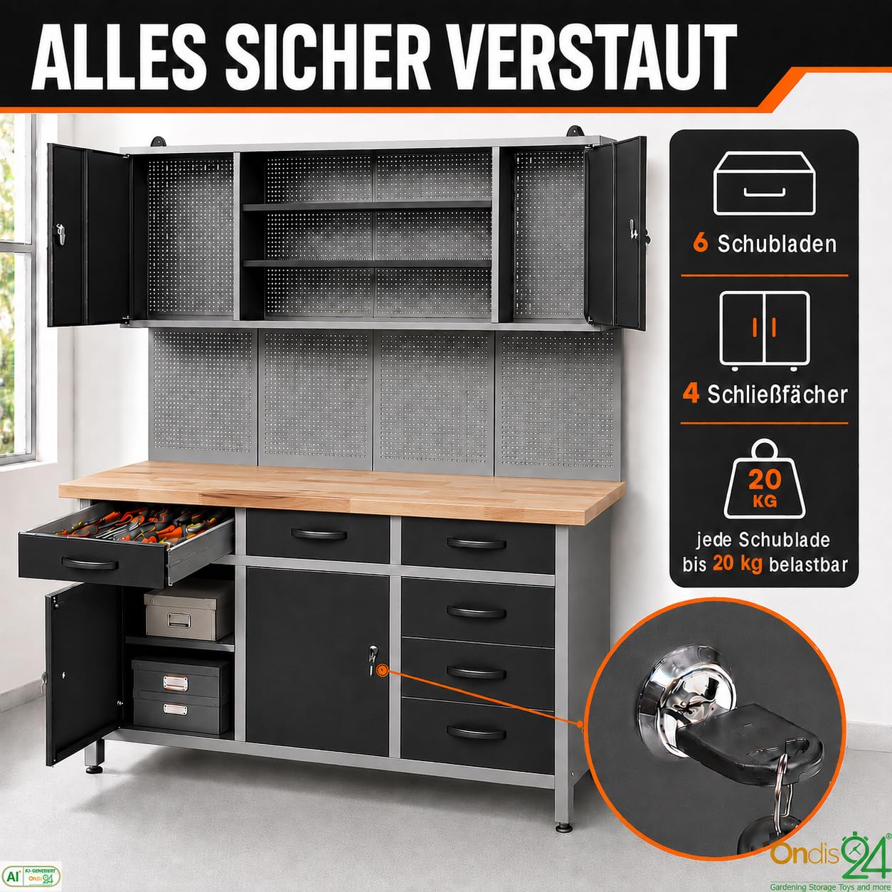 Ondis24 Karsten - Set da officina, 160 cm, banco da lavoro, armadietto da lavoro, pannello forato in faggio