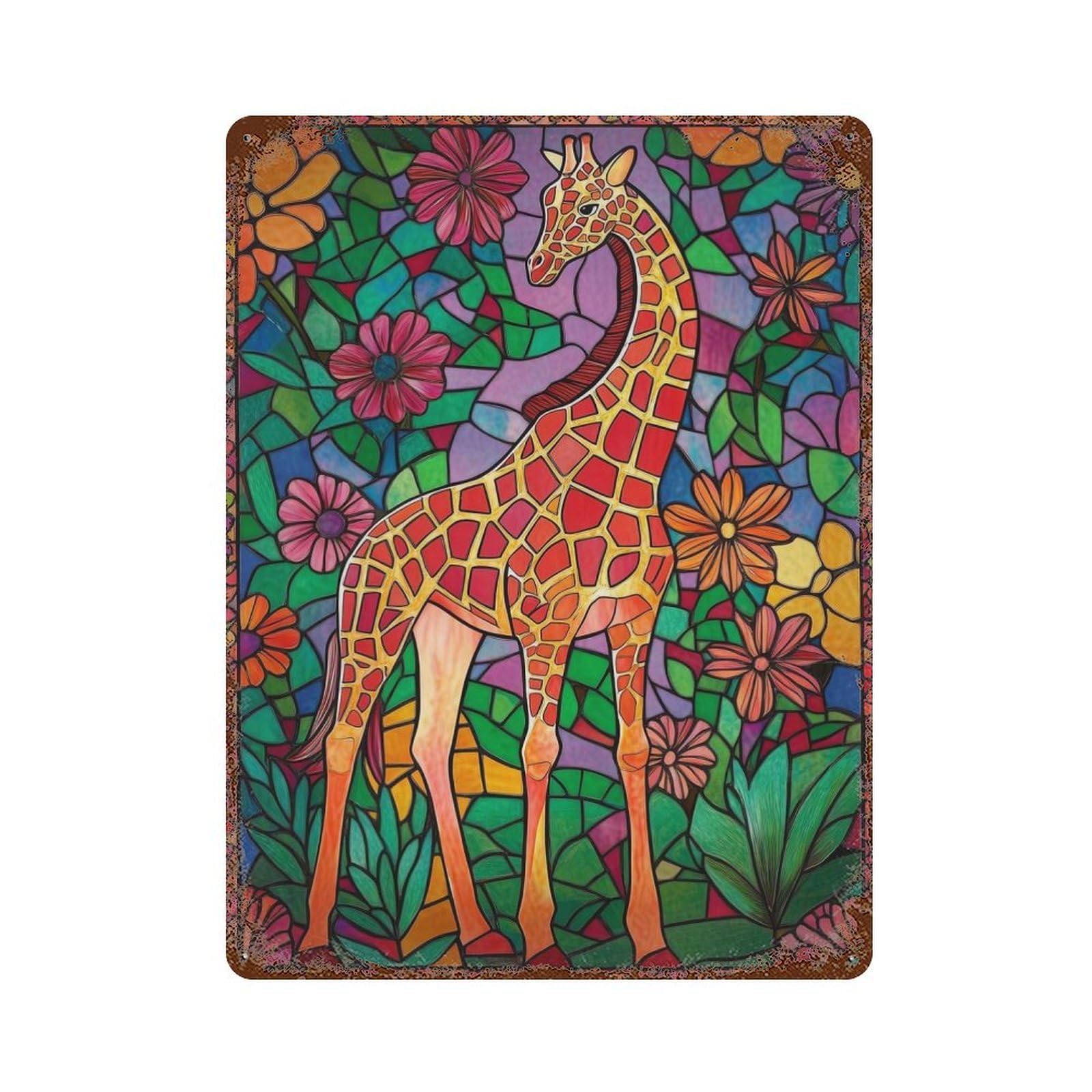 Giraffe in Floral Mosaic Aged Metal Wall Plaque 15.7"x11.8", for Living Room, Hallway And Home Decor, Shabby Chic Decor