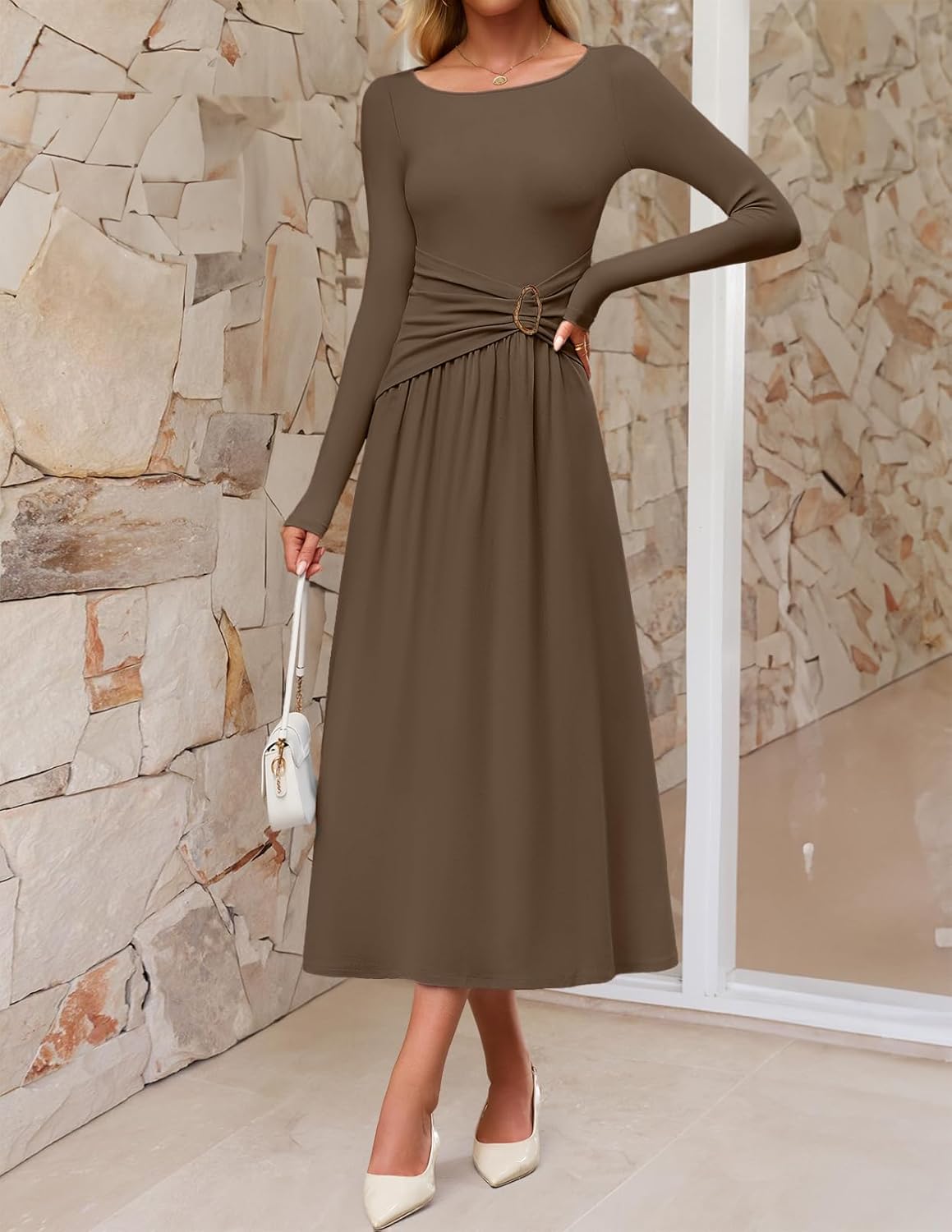 MEROKEETY Women's 2025 Fall Long Sleeve Midi Dress Elegant Boat Neck Ruched Swing Cocktail Party Dresses - Image 4