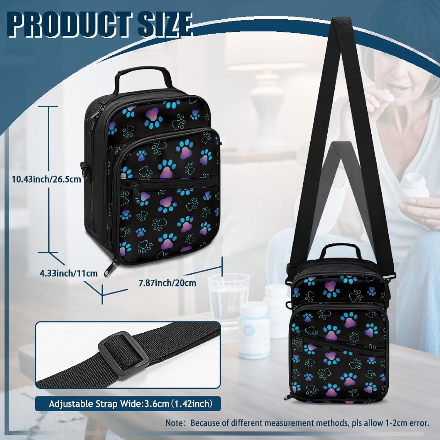Diabetes Bag for Supplies Dog Paw Insulin Travel Case Travel Medication Diabetes Supplies Organizer Bag with Shoulder Strap for Glucose Meter and Diabetic Supplies