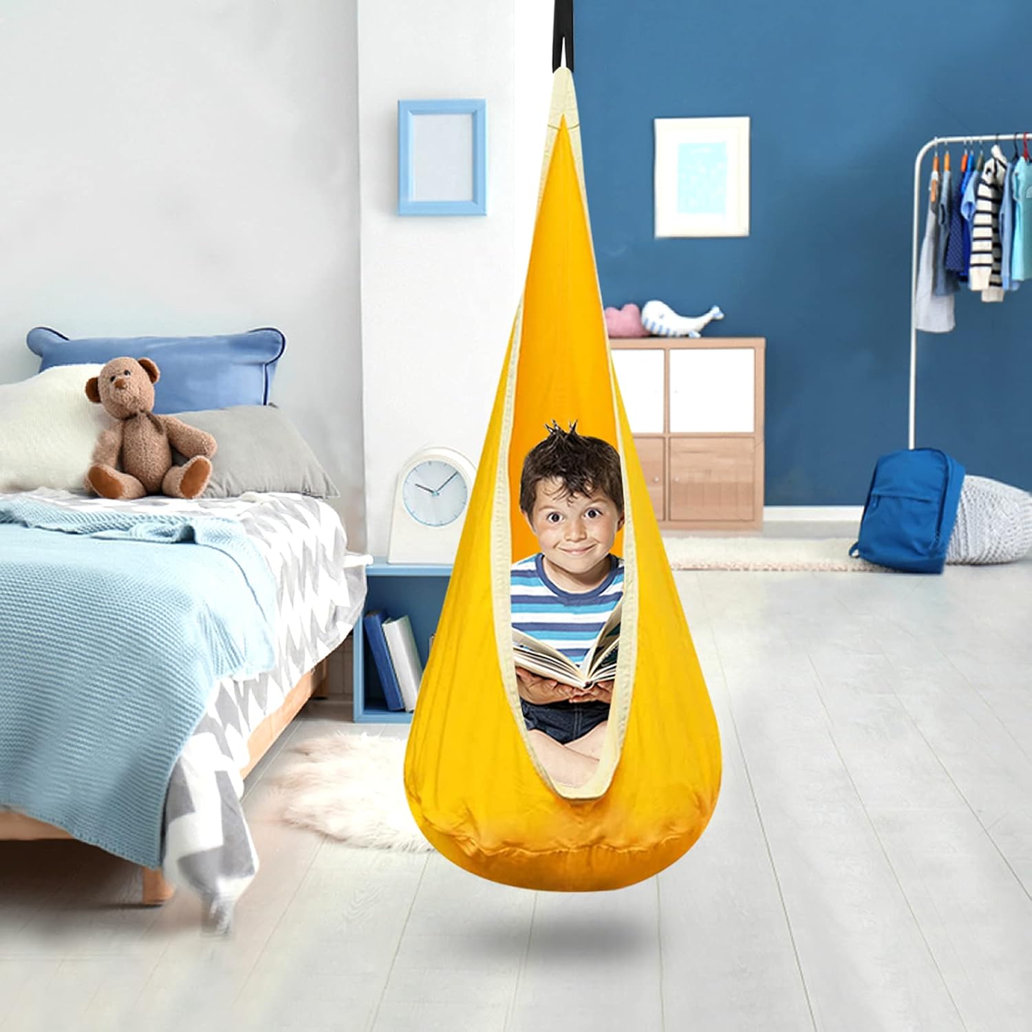 C-CHAIN Swing Pod Chair for Kids, Cotton Hammock Chair with Durable Air Cushion, Child Swing Seat Nest with Adjustable Rope, All Accessories Included (Yellow)