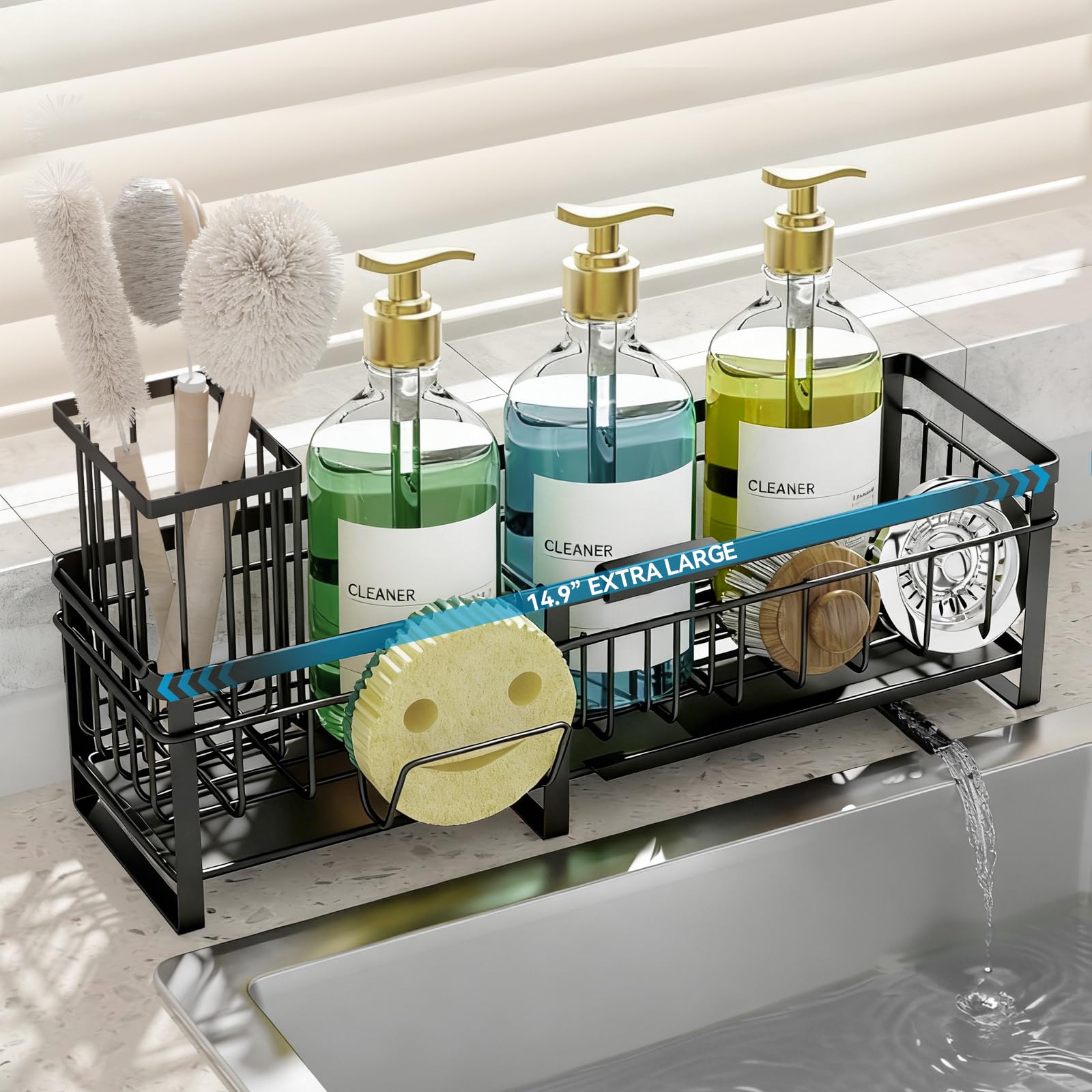 Extra Large Extendable Sponge Holder for Kitchen Sink Rustproof Sink Caddy Organizer with High Brush Holder Dish Soap