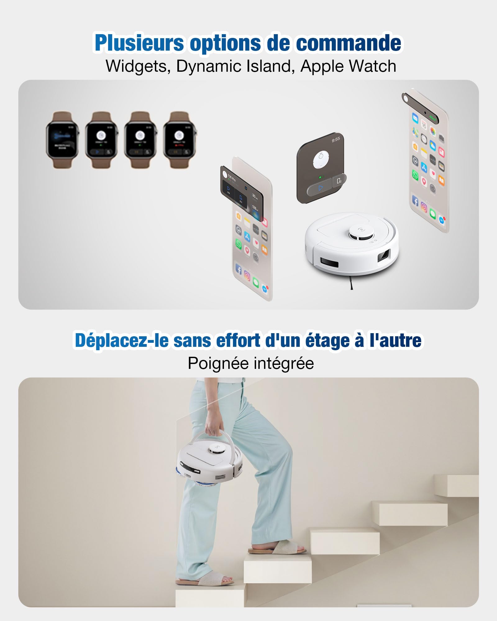 ECOVACS DEEBOT Mini Aspirateur Robot, Aspiration 9 000 Pa, ZeroTangle 2.0, TrueMapping 2.0, séchage à 45 ℃, vidage Auto, Lavage Intelligent en Profondeur, Nettoyage Auto en Un clic, Bleu