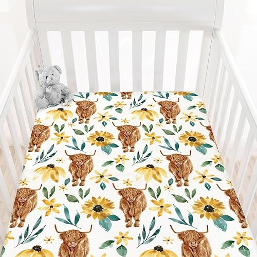 Miniatura 4 de Highland Cow - Sábana bajera estándar para cuna para bebé, diseño de flor de yak de animales de granja occidental, suave y elástica, decoración