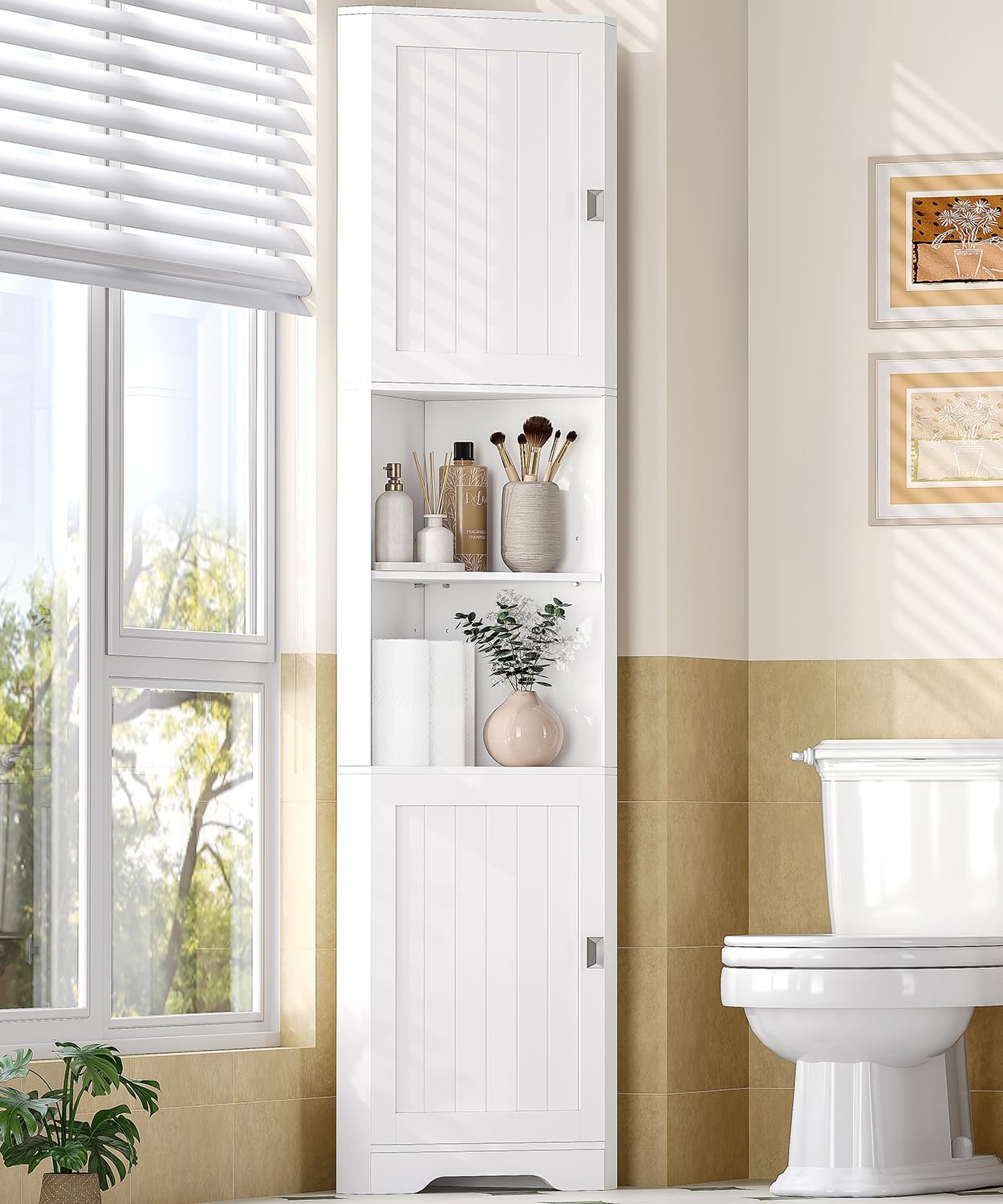 Tall Corner Storage Cabinet, 6-Tier Bathroom Storage Cabinet with Adjustable Shelves and 2 Doors, Narrow Small Space Floor Cabinet, for Bathroom, Living Room, Laundry Room, Kitchen, White