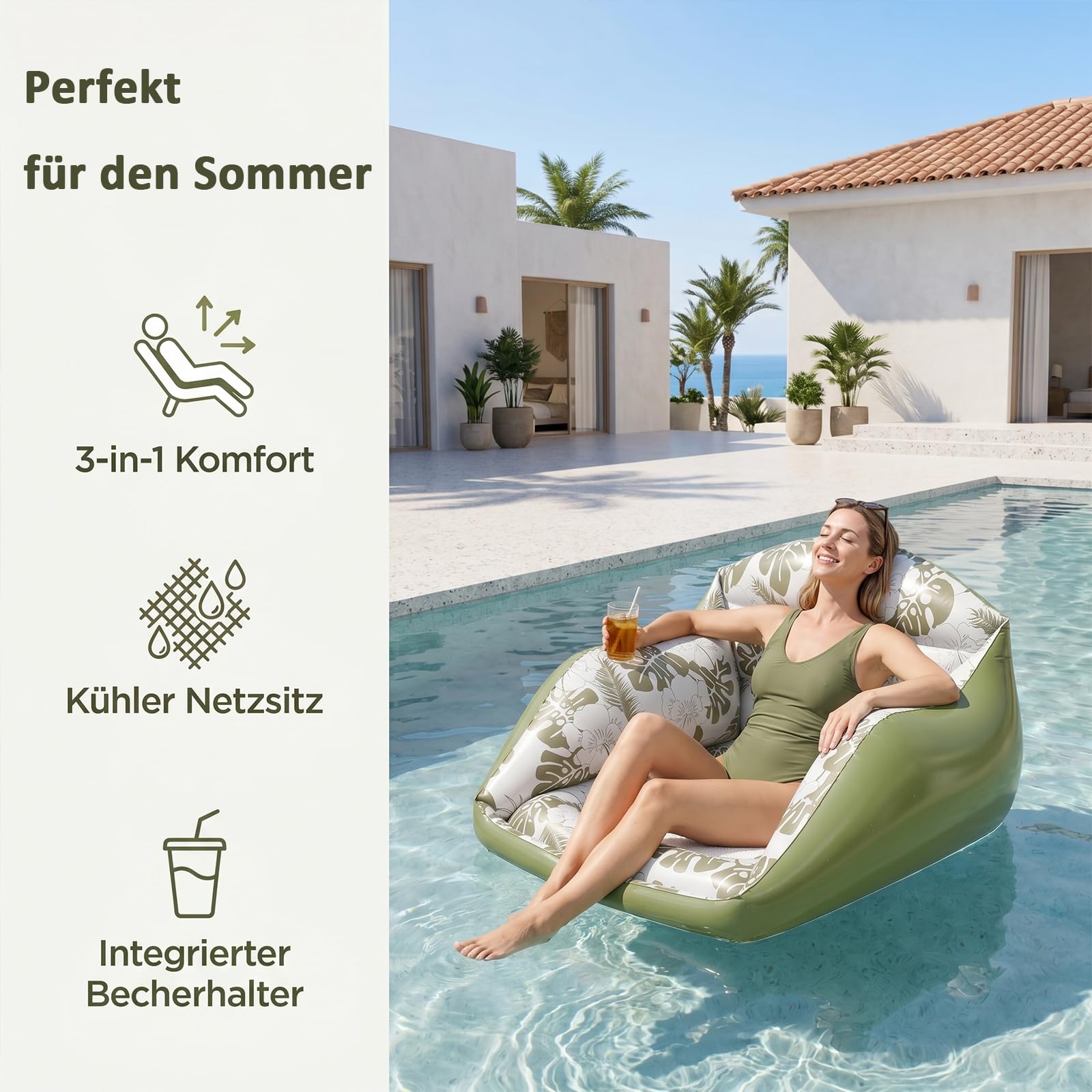 U-Shaped Water Inflatable Pool Float, U‑Form Aufblasbare Pool‑Liege mit Rückenlehne & Kühl-Sitz,Inflatable Pool Lounge Chair, Faltbar, für Strand, See & Schwimmbad