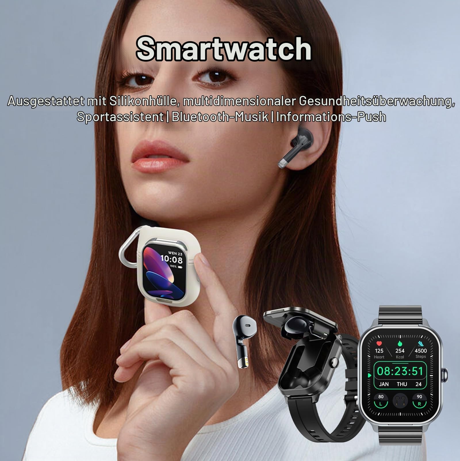 findtime Smartwatch mit Kopfhörer 2in1 Laufuhr Herren Schrittzähler Pulsuhr Blutdruck Fitnessuhr Schlaftracker Sportuhr In Ear Kopfhörer Uhr mit Kabelloses Headset Smart Watch Telefonfunktion NFC