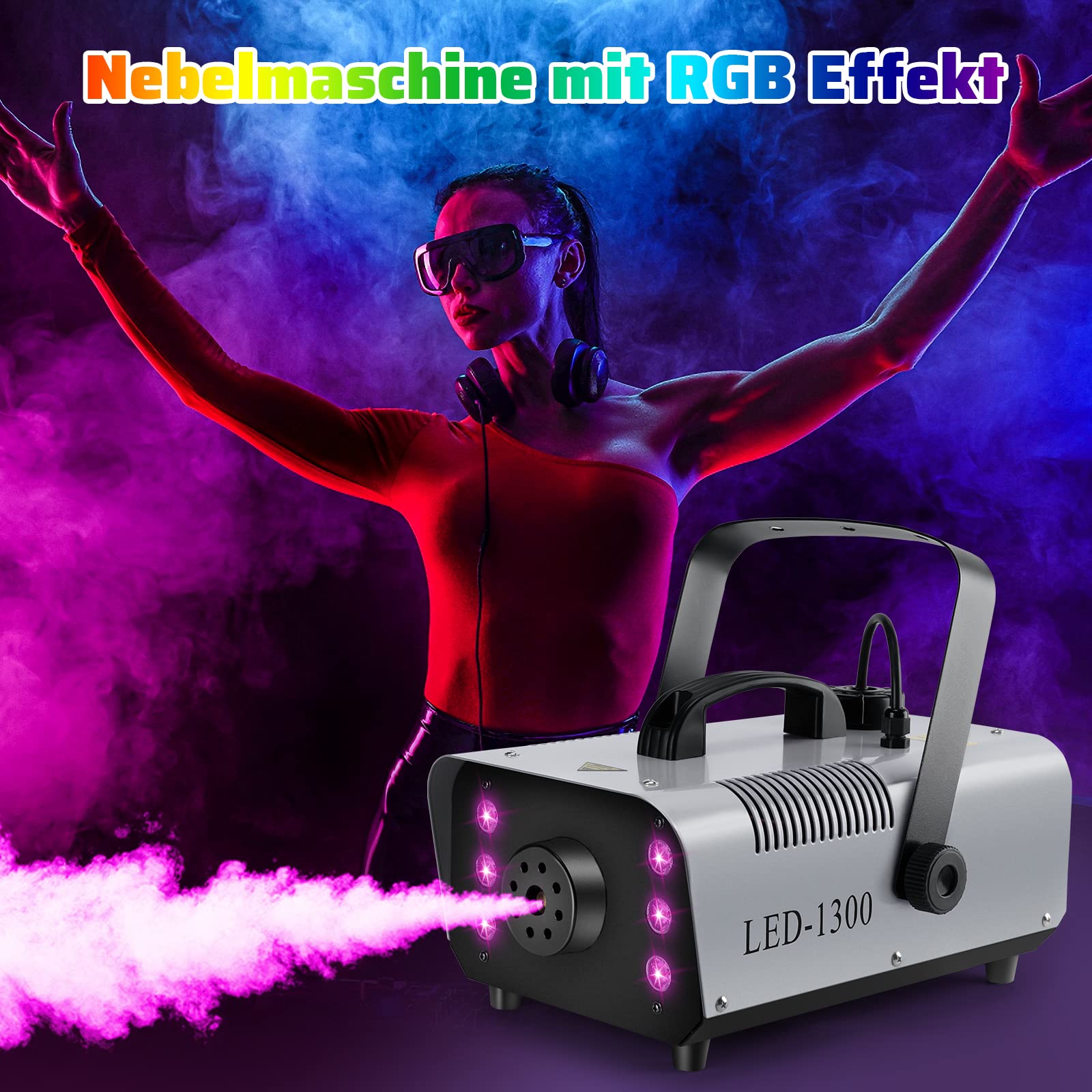 Machine à fumée 1300 avec effet RVB, 13 couleurs, 6 LED, mini fumée, avec 2 télécommandes filaires et sans fil pour DJ, discothèque, Halloween, mariages, Noël