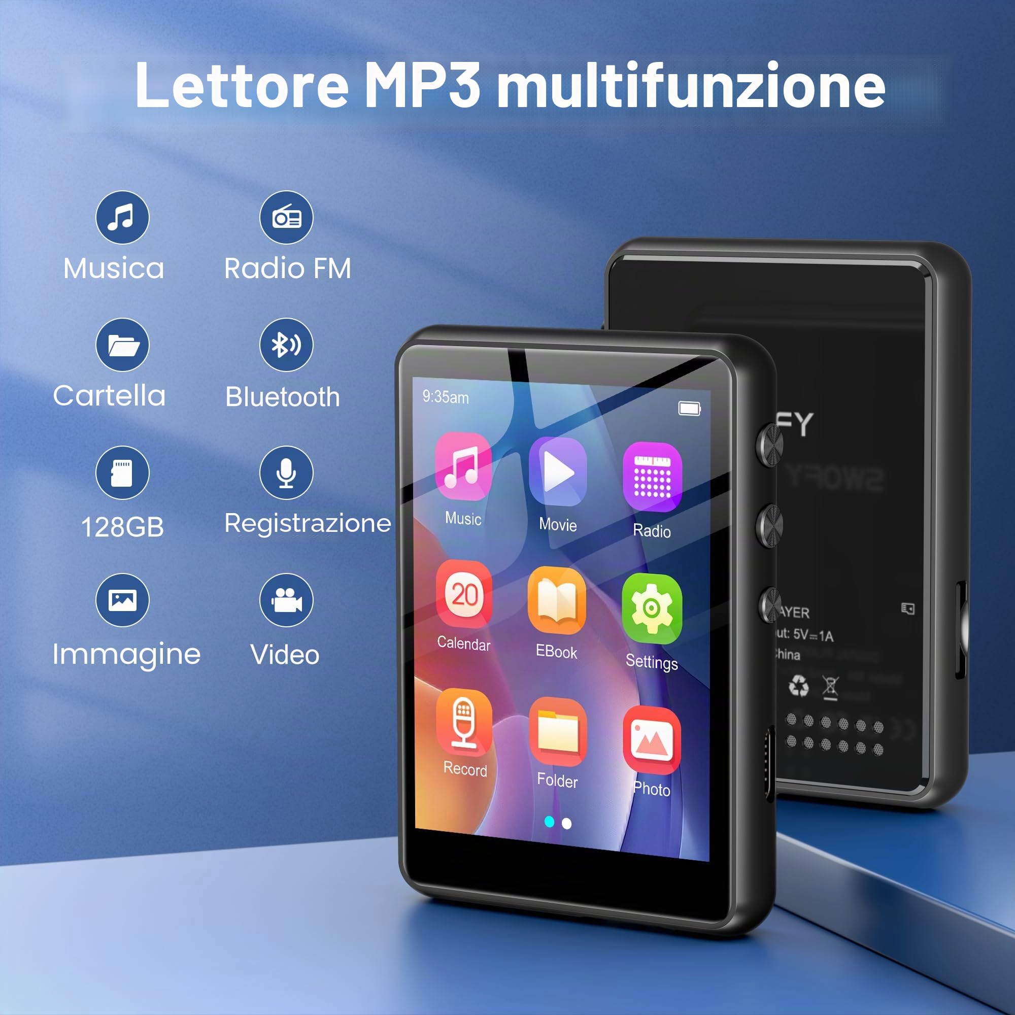 Lettore MP3 SWOFY da 80GB con Bluetooth e WiFi, Lettore MP3 MP4 SWOFY con Touchscreen da 4,0 Pollici, Stereo Portatile, Lettore Musicale Digitale con Radio FM, Registratore, E-Book, Browser (Nero