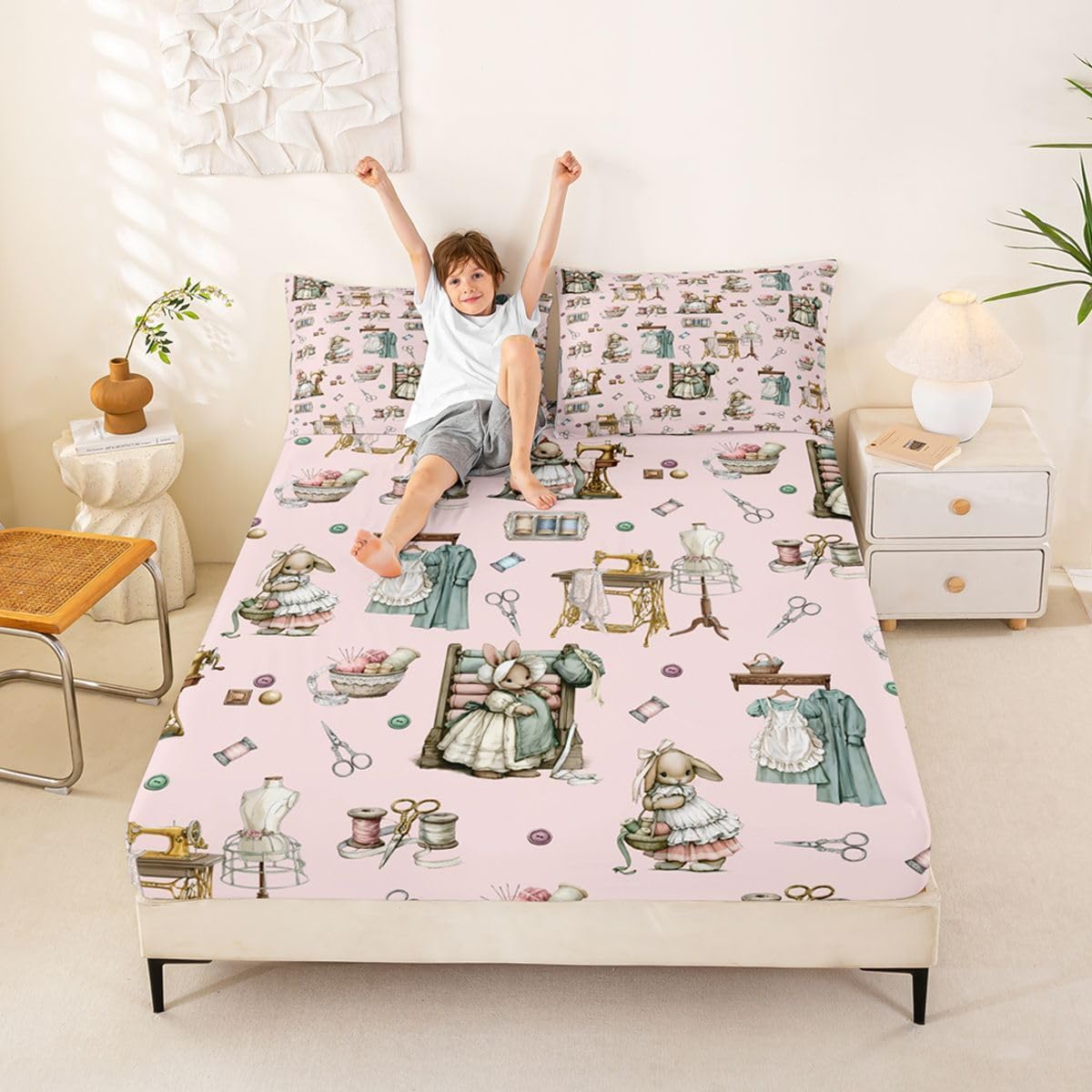 Castle Fairy Bunny Sewing Fitted Sheet 2Pcs Twin Size (No Flat)