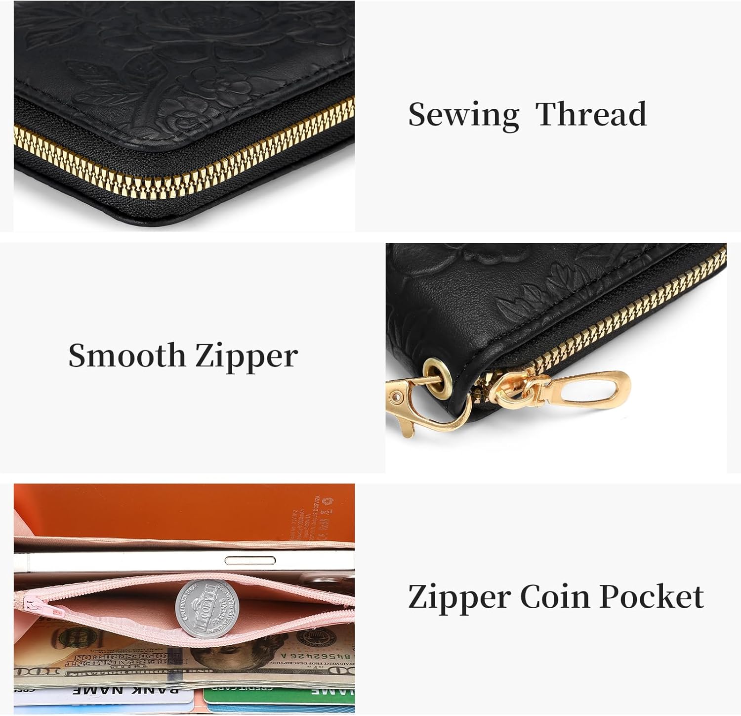 Wallet Women Clutch Leather Wristlet Wallet Fashion Embossed RFID Blocking Credit Card Holder with Strap - Image 6