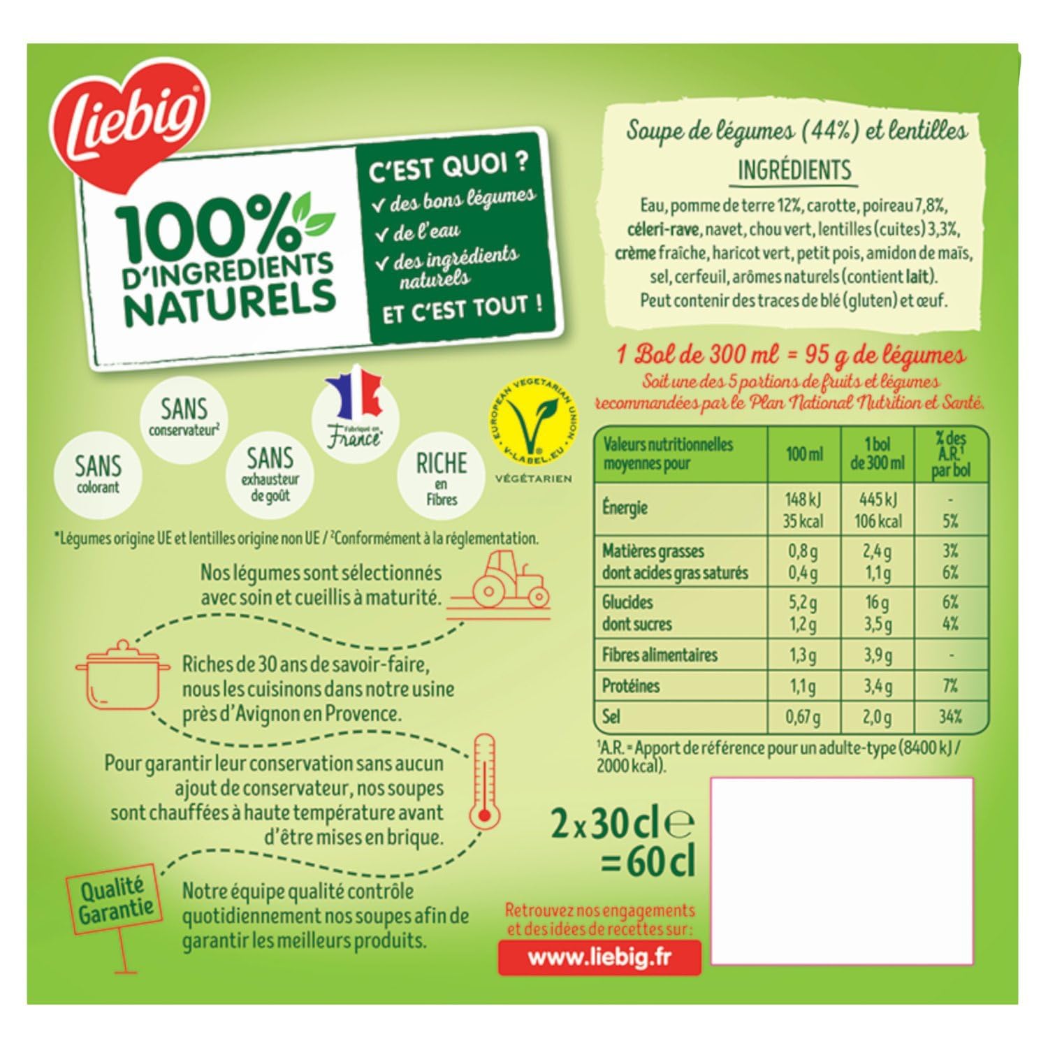 LIEBIG - Soupe Mouliné Pommes de Terre Poireaux Lentilles et Chou Vert - les 2 briques de 30cl - Le Lot De 4