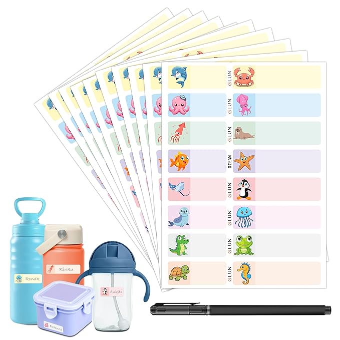 GLUN® Ocean Animal Theme Vinyl Name Tag Waterproof Stickers, 10 Sheets 160 Stickers, Bottles, Lunch, Clothes, & Lunch Box Chits, Fadeproof Reusable Self-Adhesive