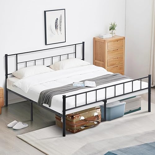 Miniatura 8 de Dkelincs Base de cama tamaño Queen con cabecero y tabla de pie, marco de cama de plataforma de metal de acero resistente, almacenamiento reservado,