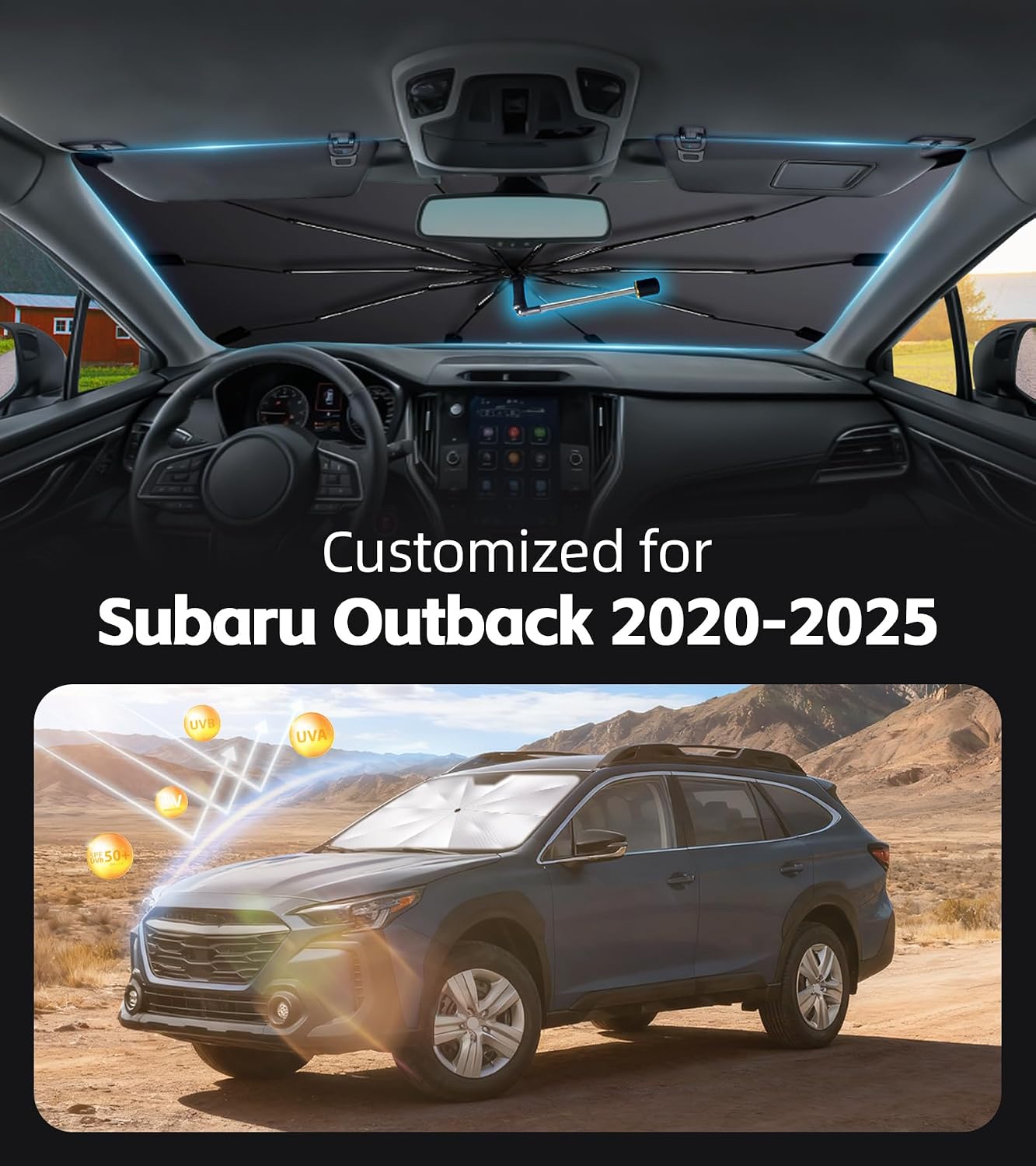 Windshield Sun Shade for Subaru Outback 2020-2025 with 360° Rotating Shaft image 2
