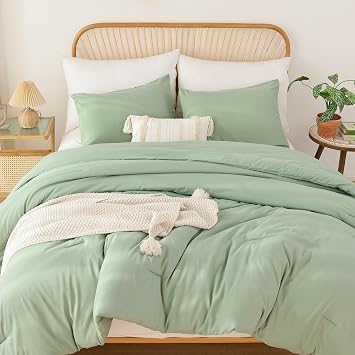 ROSGONIA Queen Comforter Set Sage Green, 3pcs Bedding Sets Queen 1 Boho Sage Comforter& 2 Pillowcases, All Season Lightweight Blanket Quilt