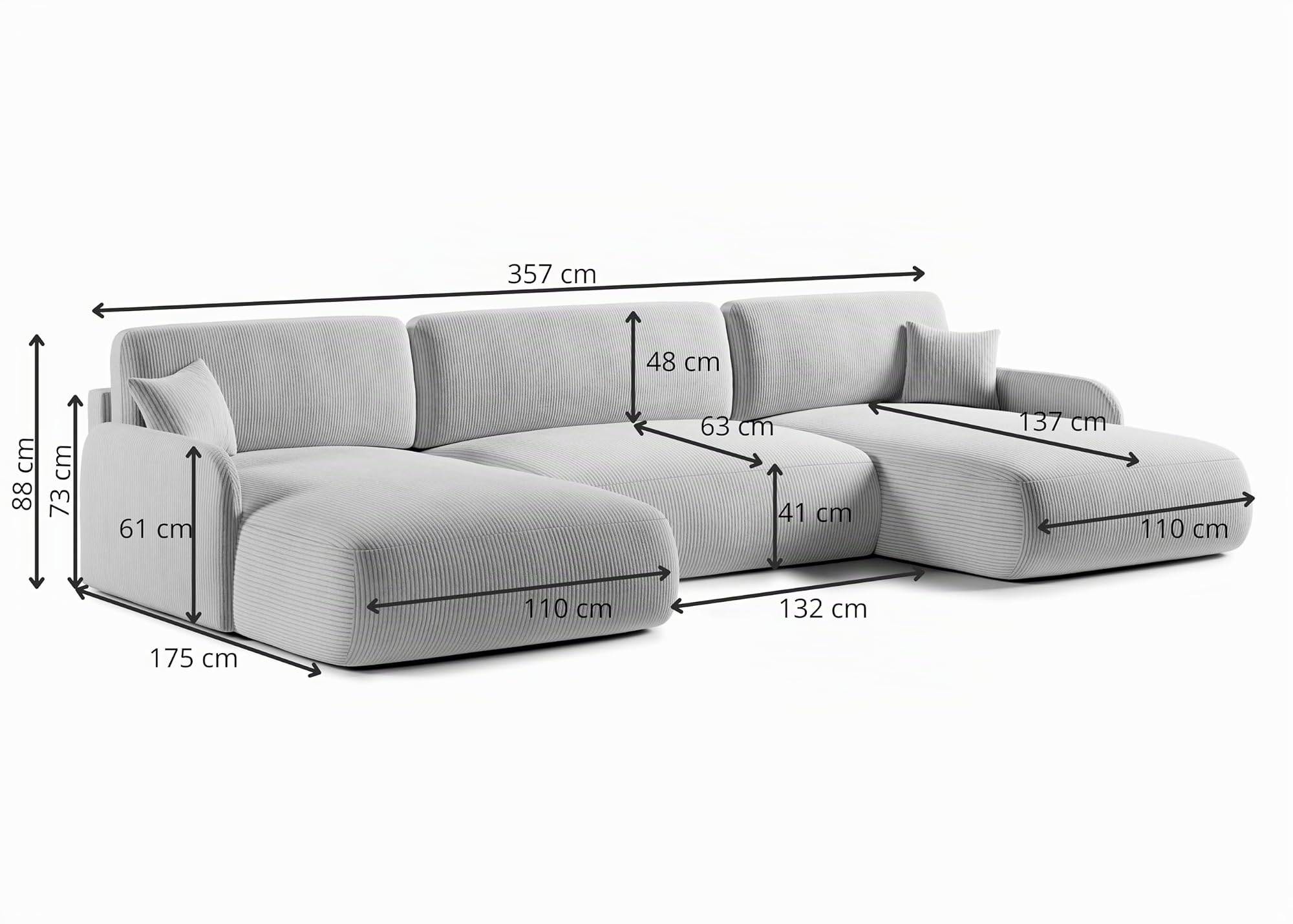 U-Form Wohnlandschaft mit Schlaffunktion 357x175 cm, Cordstoff – Großes Schlafsofa mit Bettkasten, Moderne Couch mit Stauraum NIVO (Poso 02)