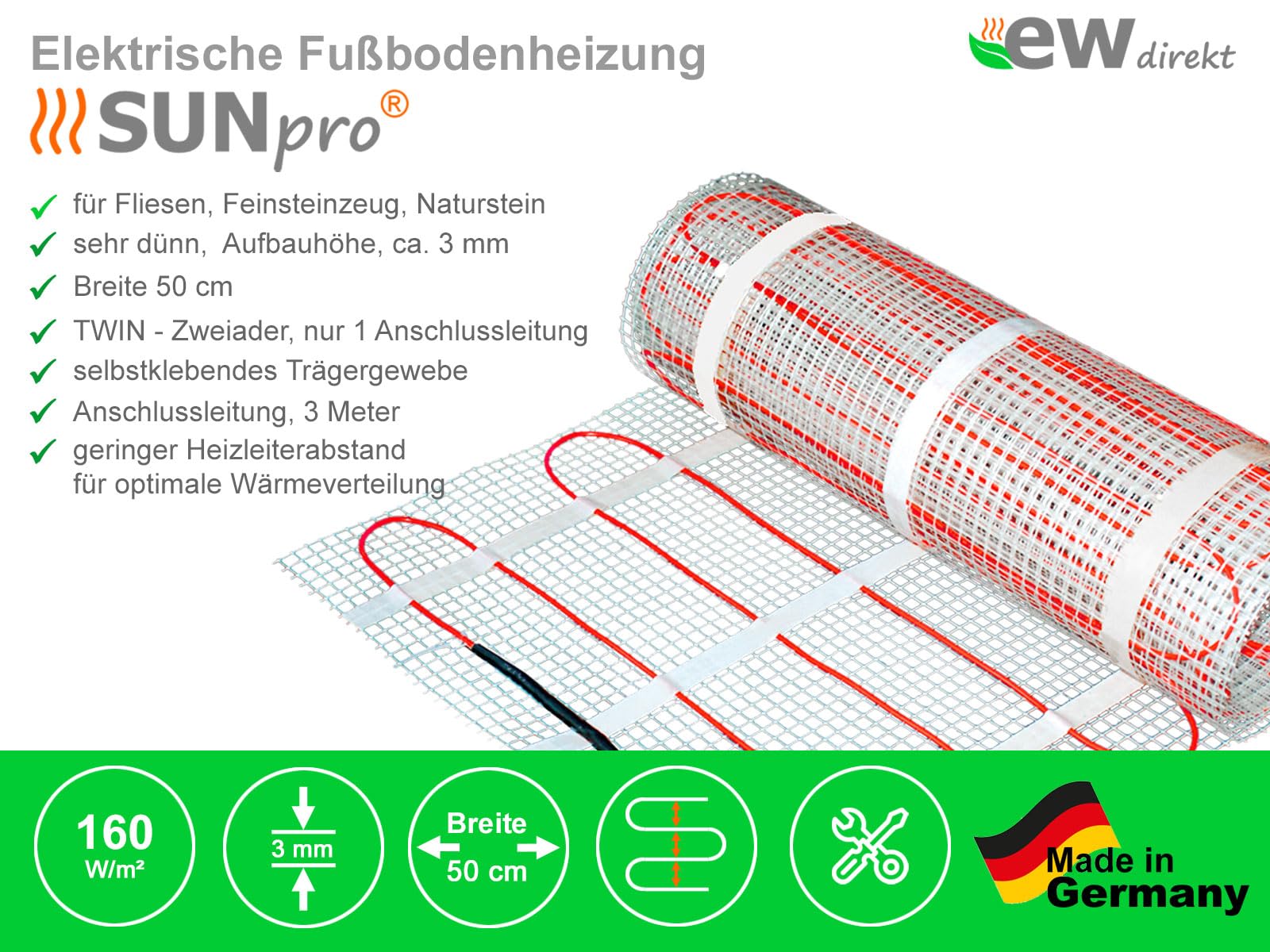 Komplett-Set elektrische Fußbodenheizung SunPro 160 für Fliesen, Naturstein mit Thermostat RT-60 Wlan (5 m² - 0,5 x 10 m)