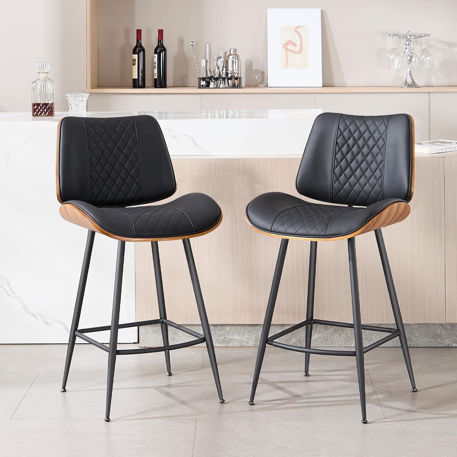 Counter Height Barstools Set of 2, 26.9" Armless Stools with Metal Legs, Walnut Pub Chair in Modern Style, PU Leather Bentwood Bar Chair for Home Counter, Kitchen Dining Island, Cafe(Black)
