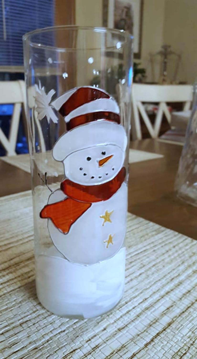 Red Hat Snowman Hand Painted Stained Glass 9 Inch Cylinder Flower Vase