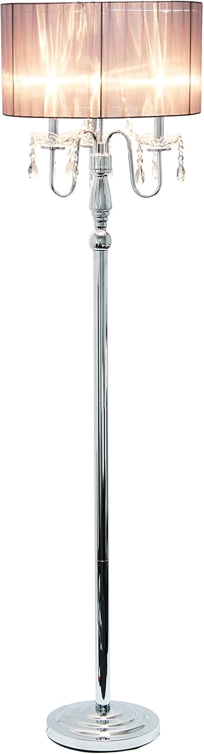 Elegant Designs LF1002-GRY Romantic Cascading Crystal and Chrome Drum Shade Floor Lamp, Gray